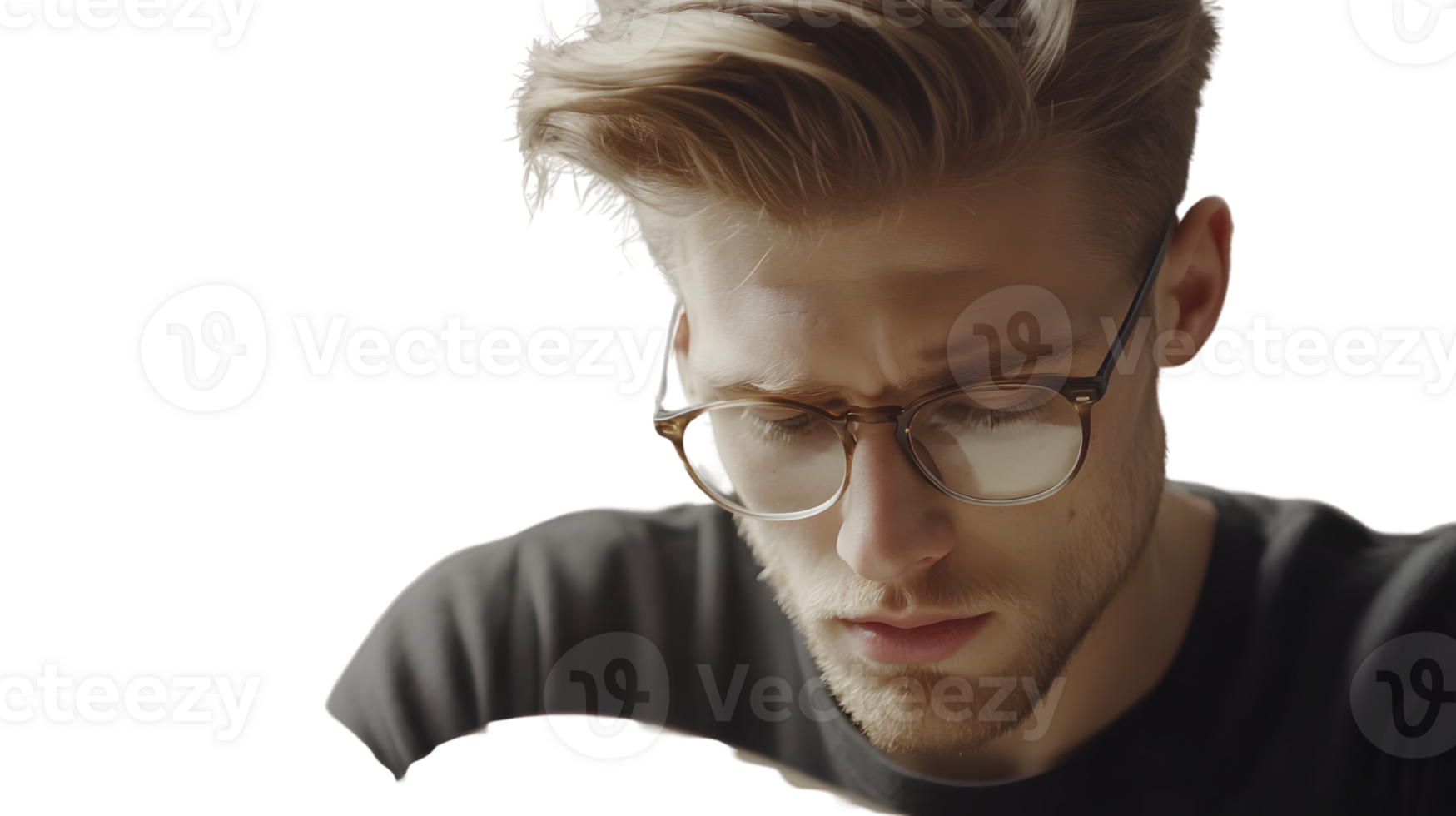 Closeup portrait of a young man with blond hair and glasses thoughtful expression png