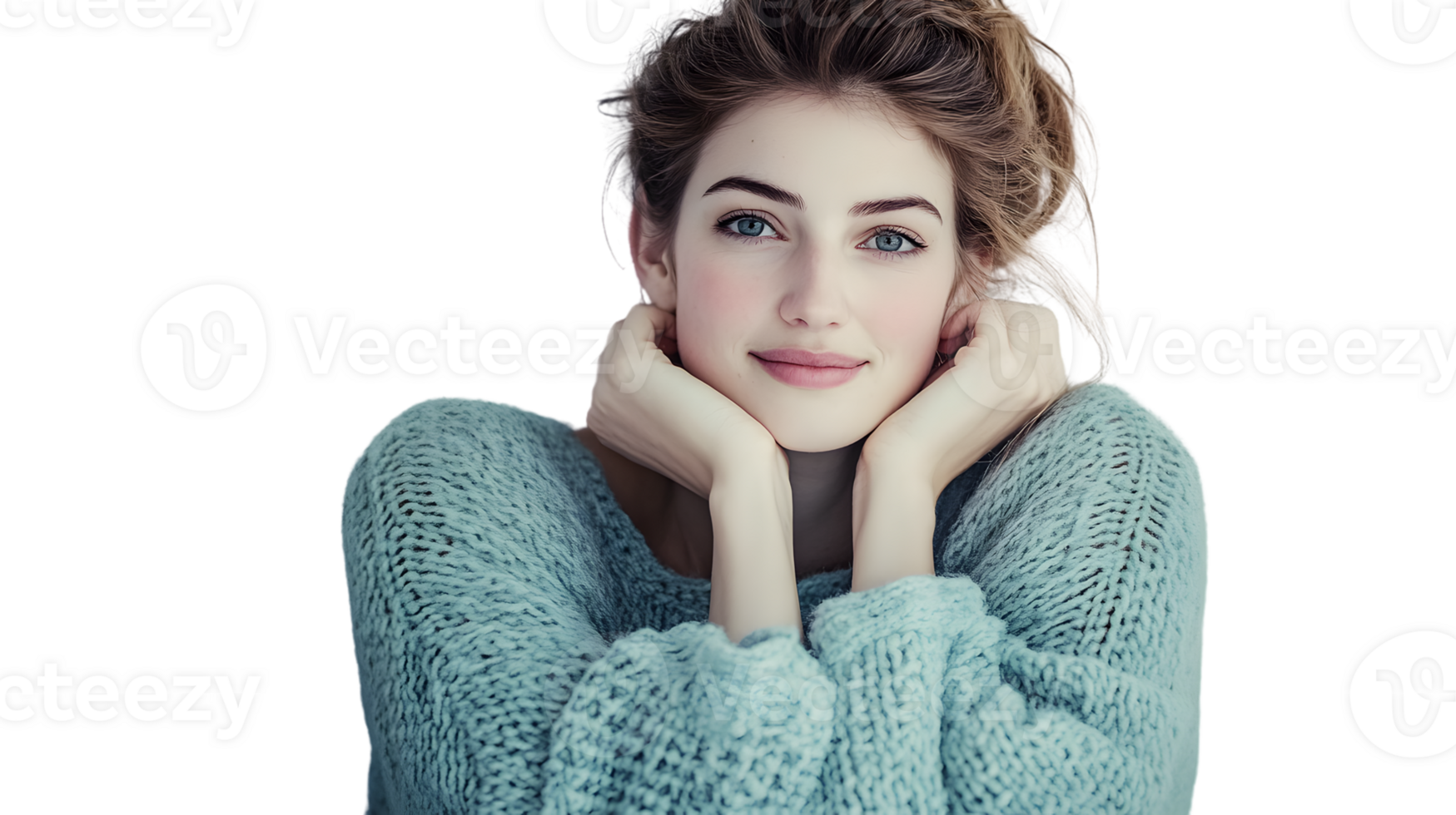 Comfortable and Relaxed A Woman in a Cozy Sweater with Hands Supporting Her Face png