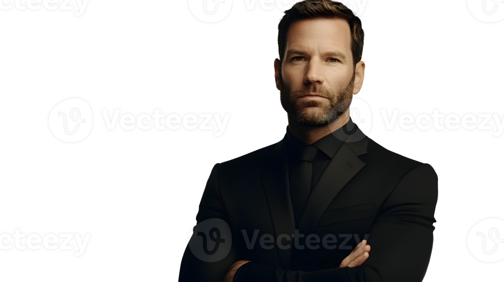 Confident Man in a Black Suit with Arms Crossed Against a Dark Background png