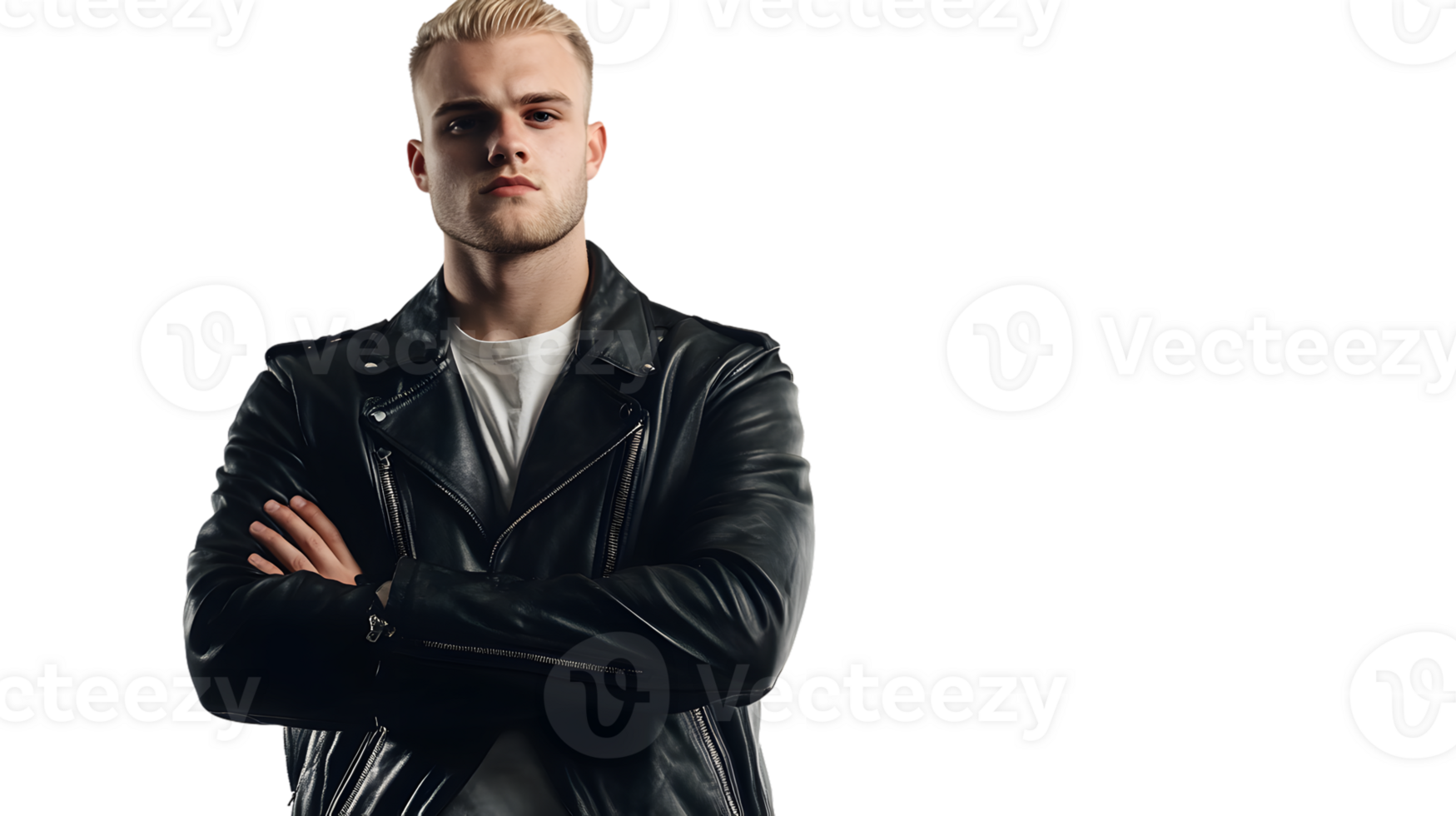 Confident Man in Leather Jacket with Arms Crossed Fashionable Style Bold Attitude Masculine png