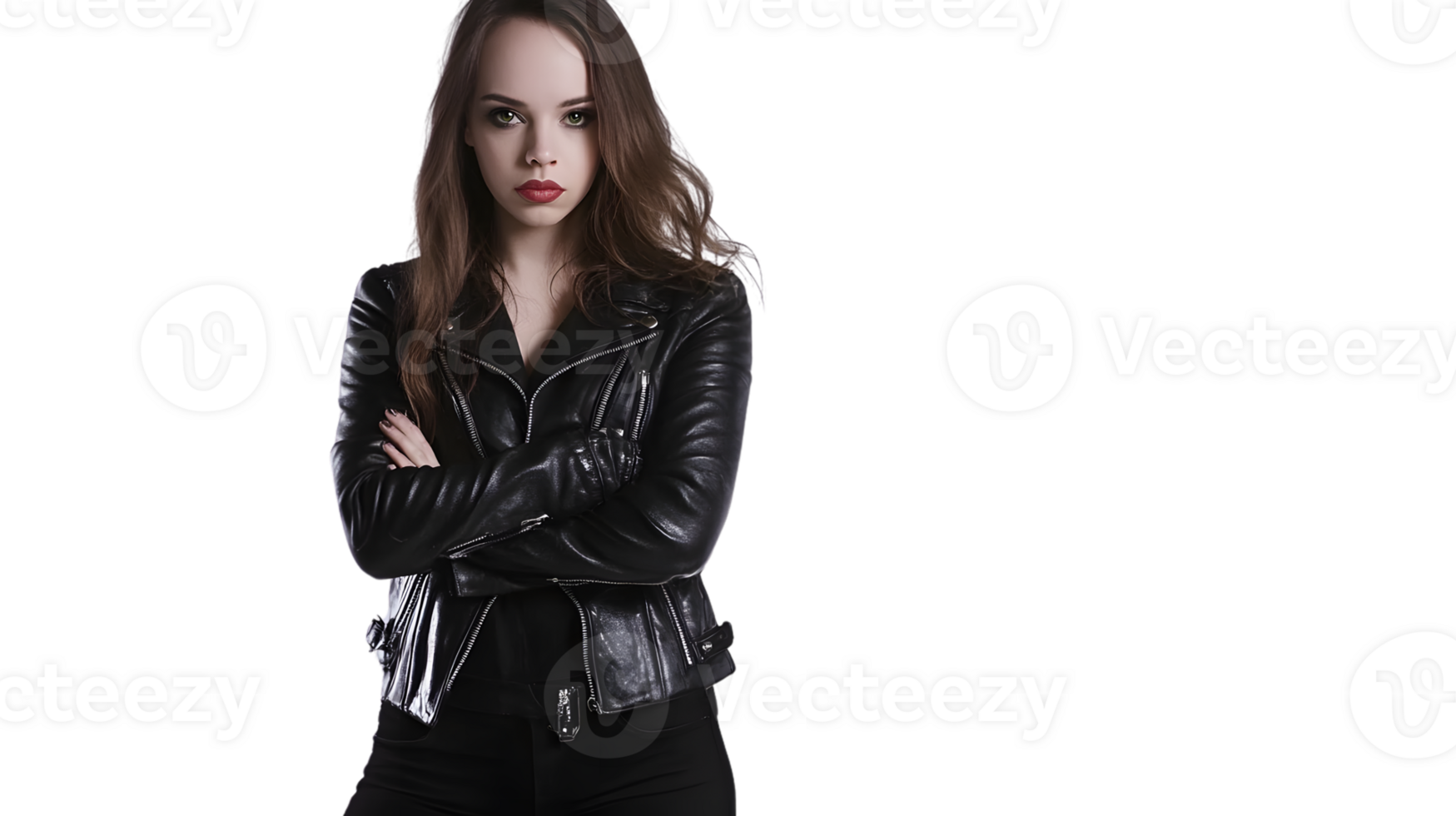 Confident Woman in Leather Jacket with Arms Crossed Fashionable Attire Bold Style Modern Loo png