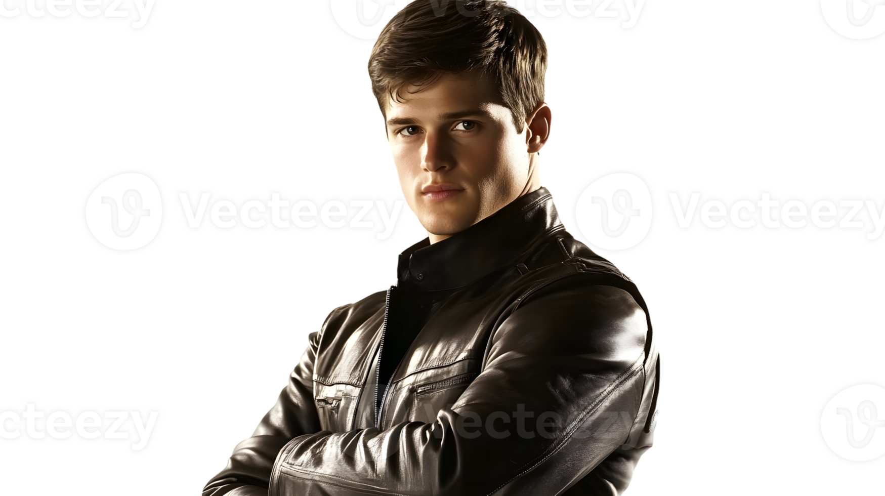 Confident Young Man in Leather Jacket Bold and Stylish Portrait with Arms Crossed Ideal for F png