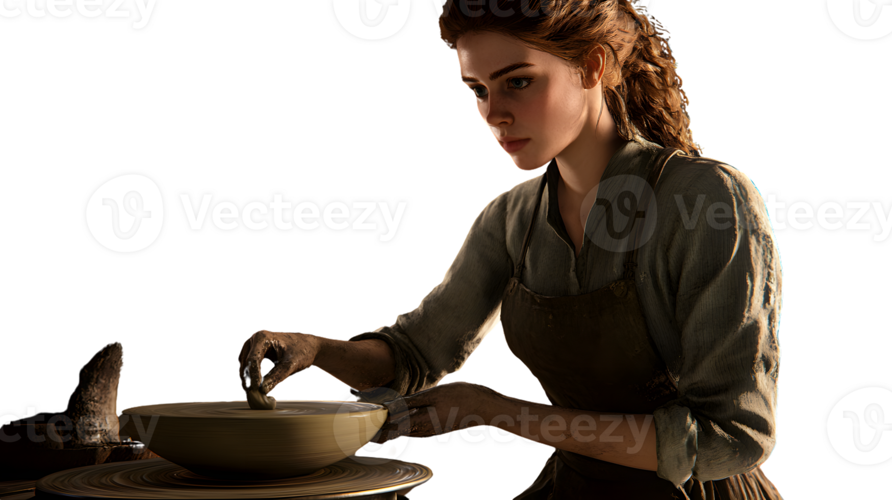 Craftswoman Shaping Clay on a Pottery Wheel in a Workshop Setting png