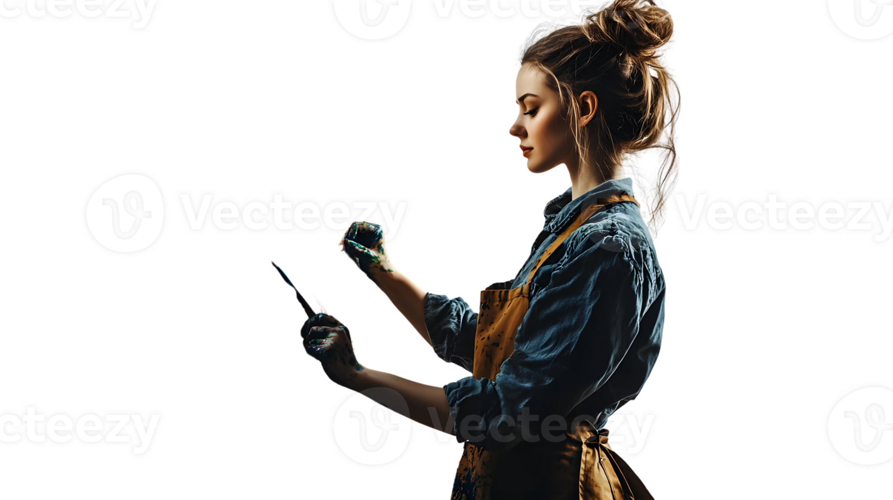 Creative Painter in Action A Woman with PaintSplattered Hands and Palette Wearing an Apron png