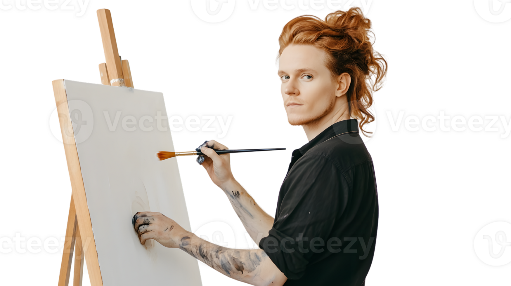 Creative Artist at Work Painting on Canvas with Easel and Brush Tattooed Hands Artistic Proc png