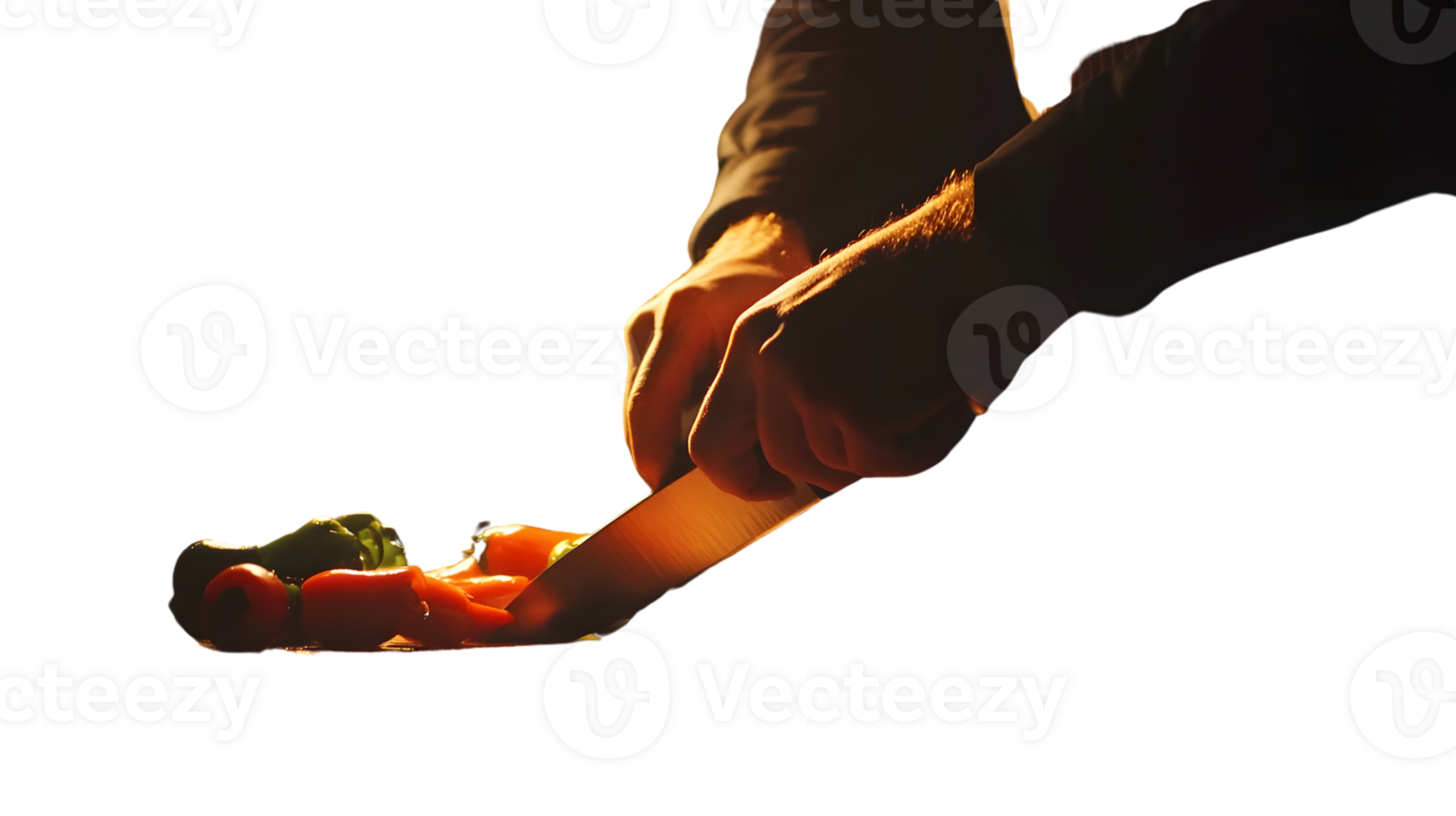 Culinary Precision Chefs Hands Slicing Fresh Vegetables with a Knife in Dramatic Lighting png