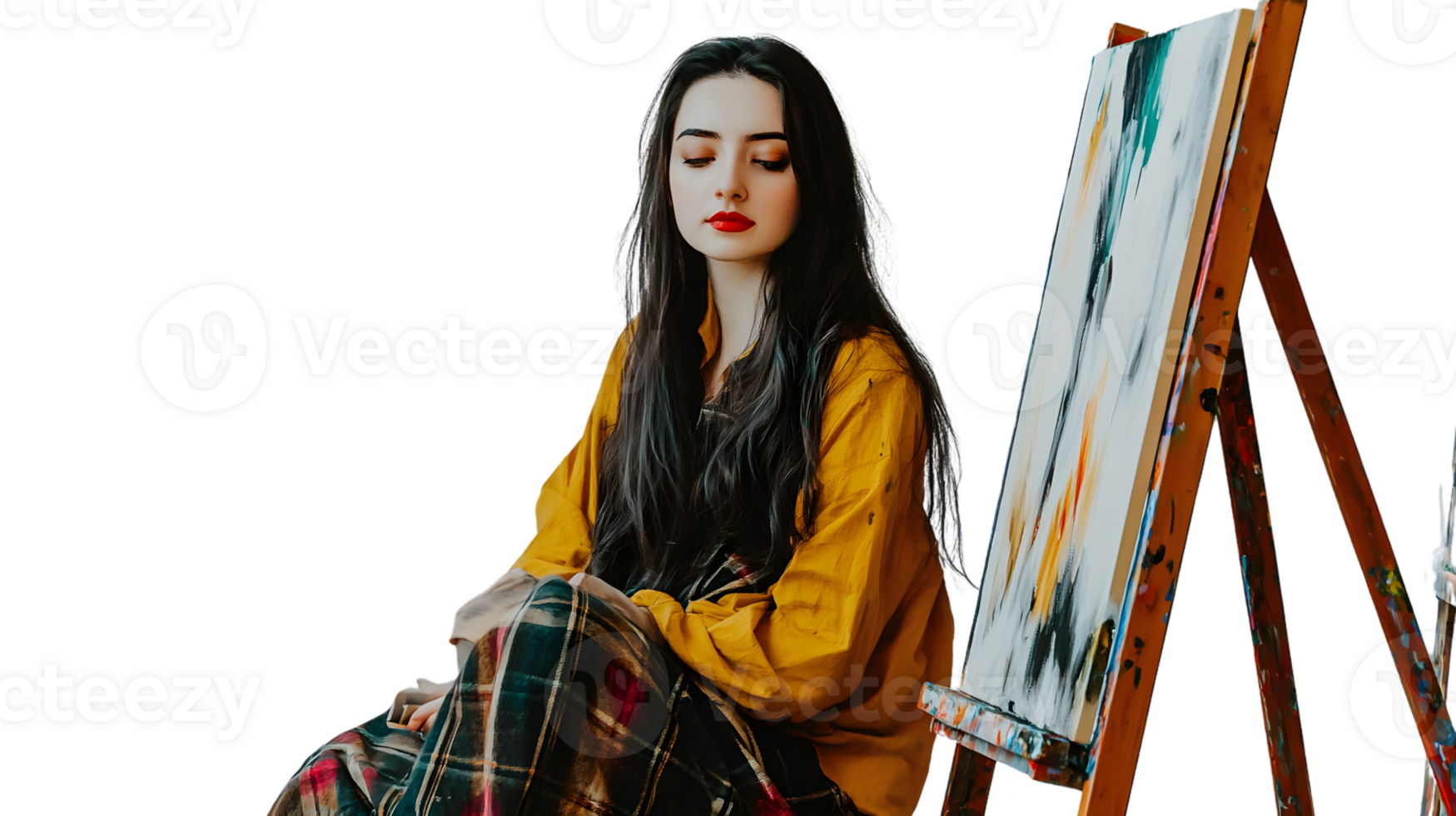 Creative Woman in Yellow with Abstract Artwork on Easel Expressive Pose Artistic Inspiration png