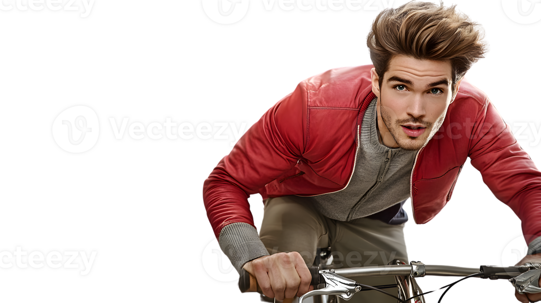 Dynamic Cyclist in Motion A Man Riding a Bicycle with Style and Energy Wearing a Red Jacket a png