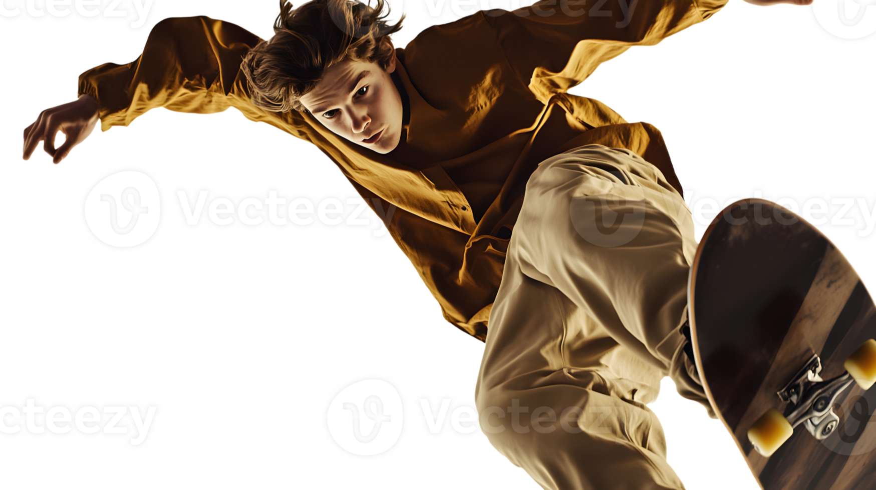 Dynamic Skateboarder in MidAir Wearing Stylish Outfit Capturing the Thrill of Extreme Sports png