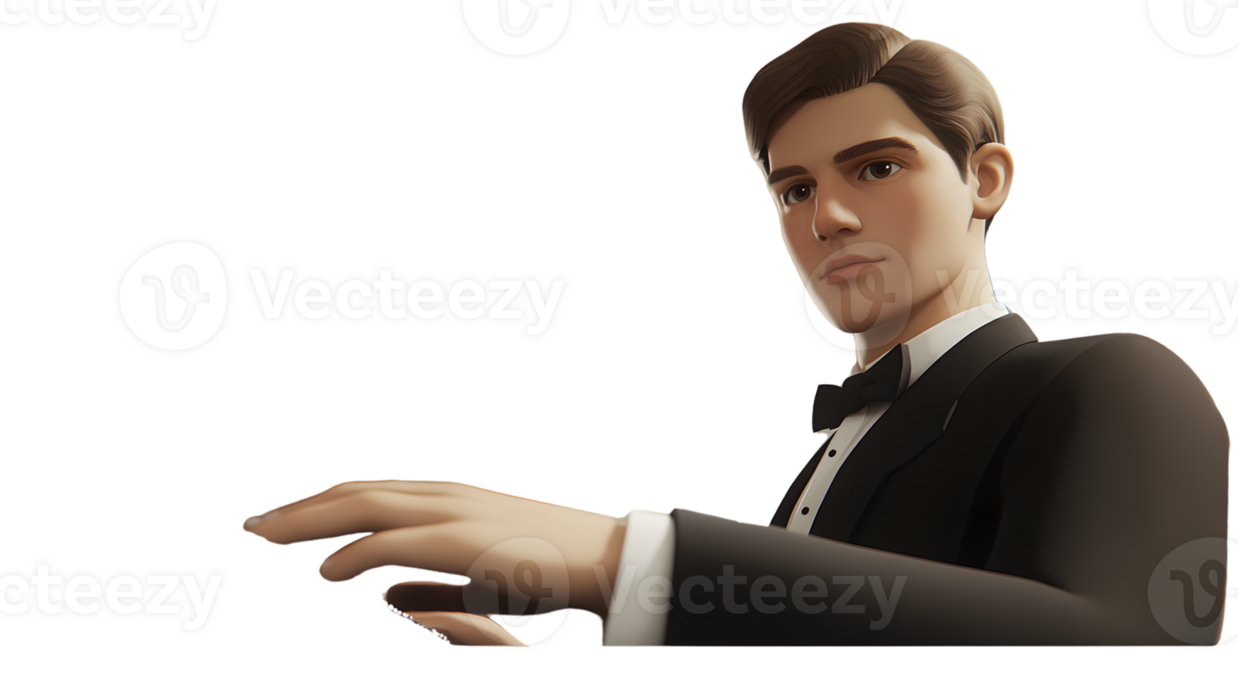 Elegant Man in Tuxedo Gesturing with Hand Perfect for Formal Events and Professional Presentat png