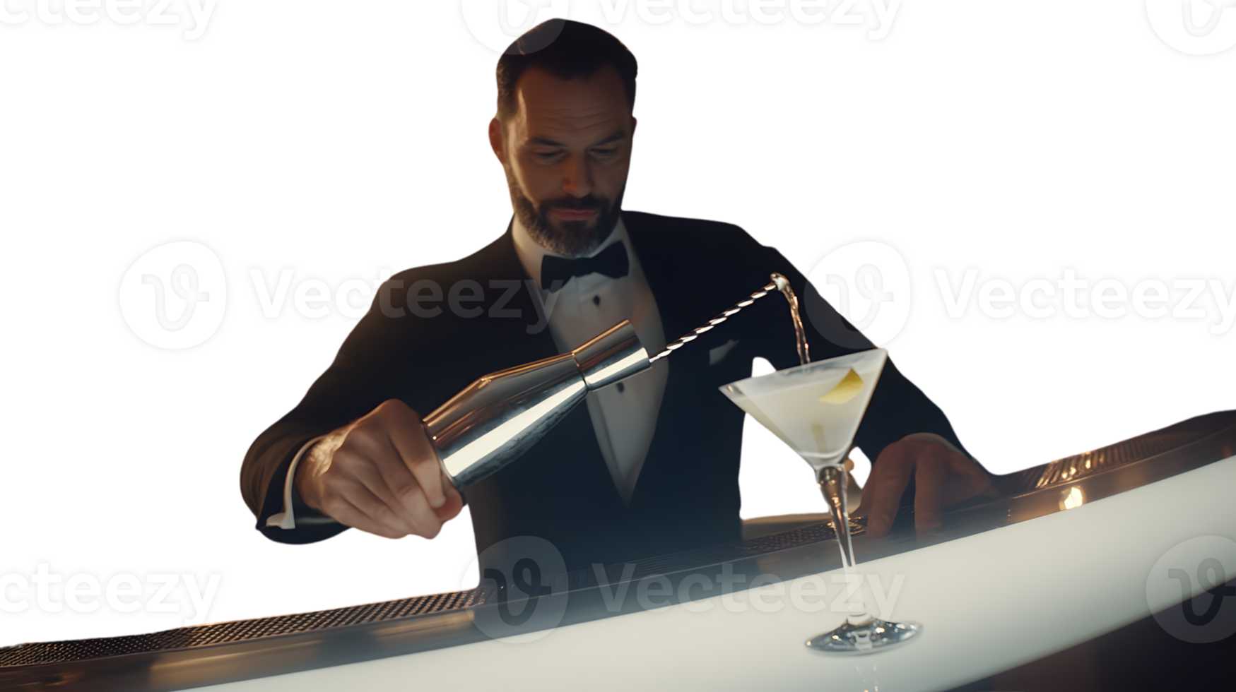 Elegant Bartender Pouring a Martini Cocktail in a Professional Bar Setting png