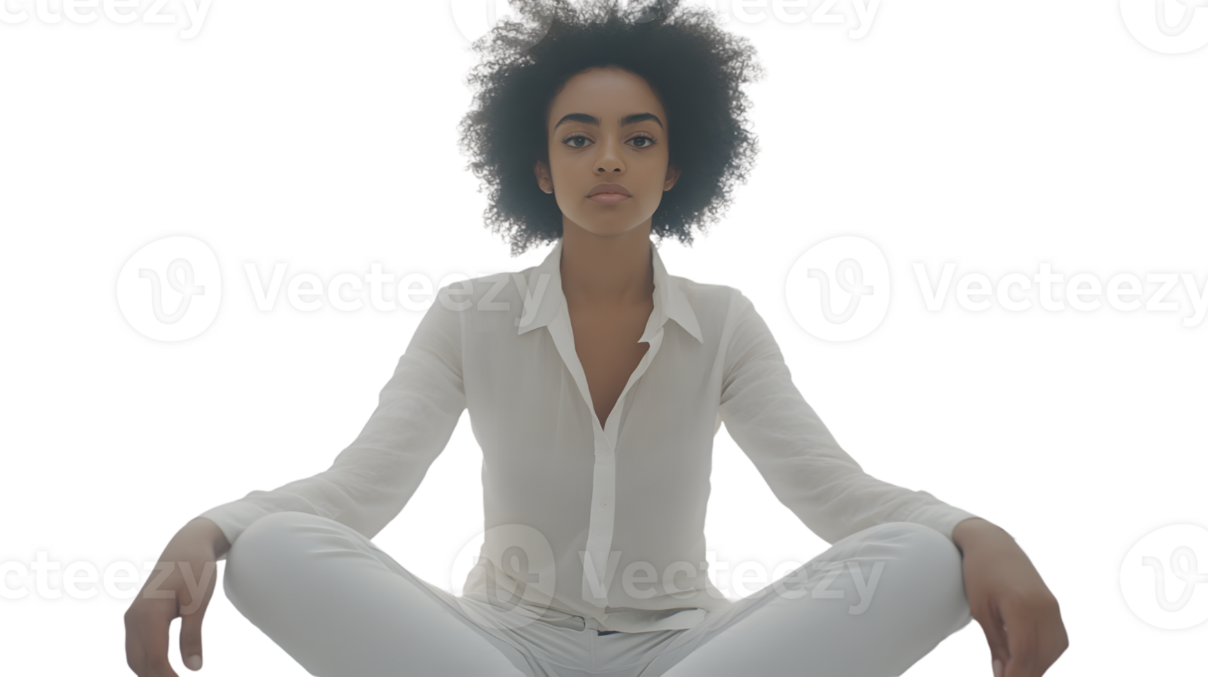 Elegant Individual in White Attire Sitting CrossLegged with Natural Hair Style Ideal for Well png