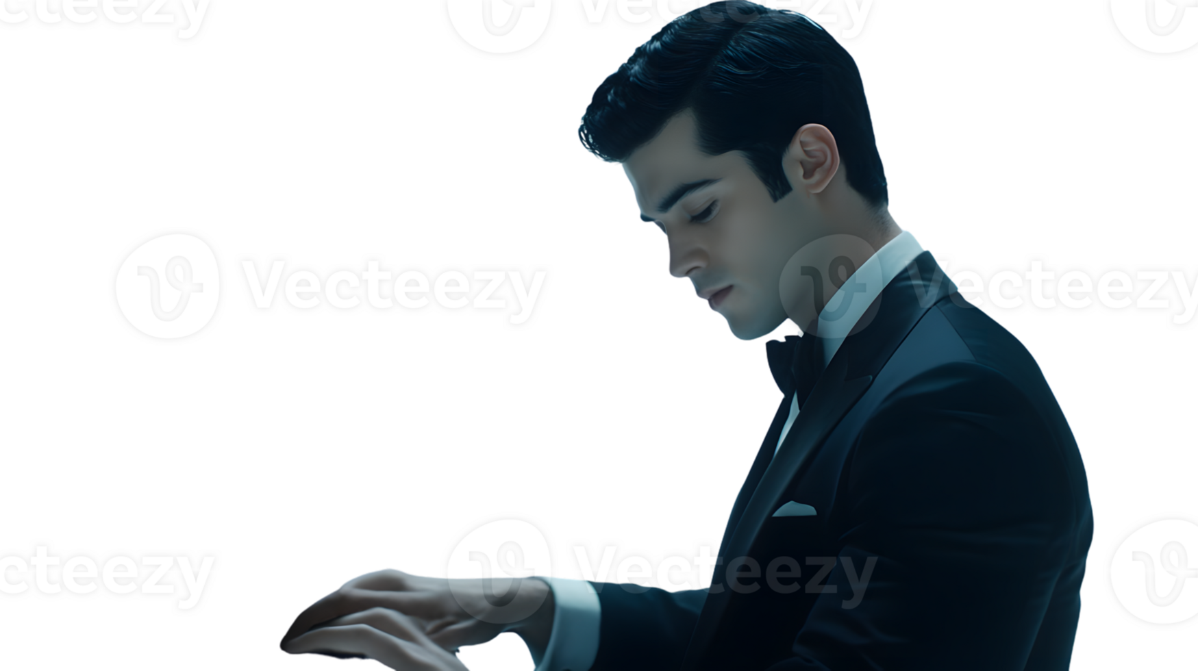 Elegant Man in Formal Attire Playing Piano Side Profile Musician in Suit Classical Performan png