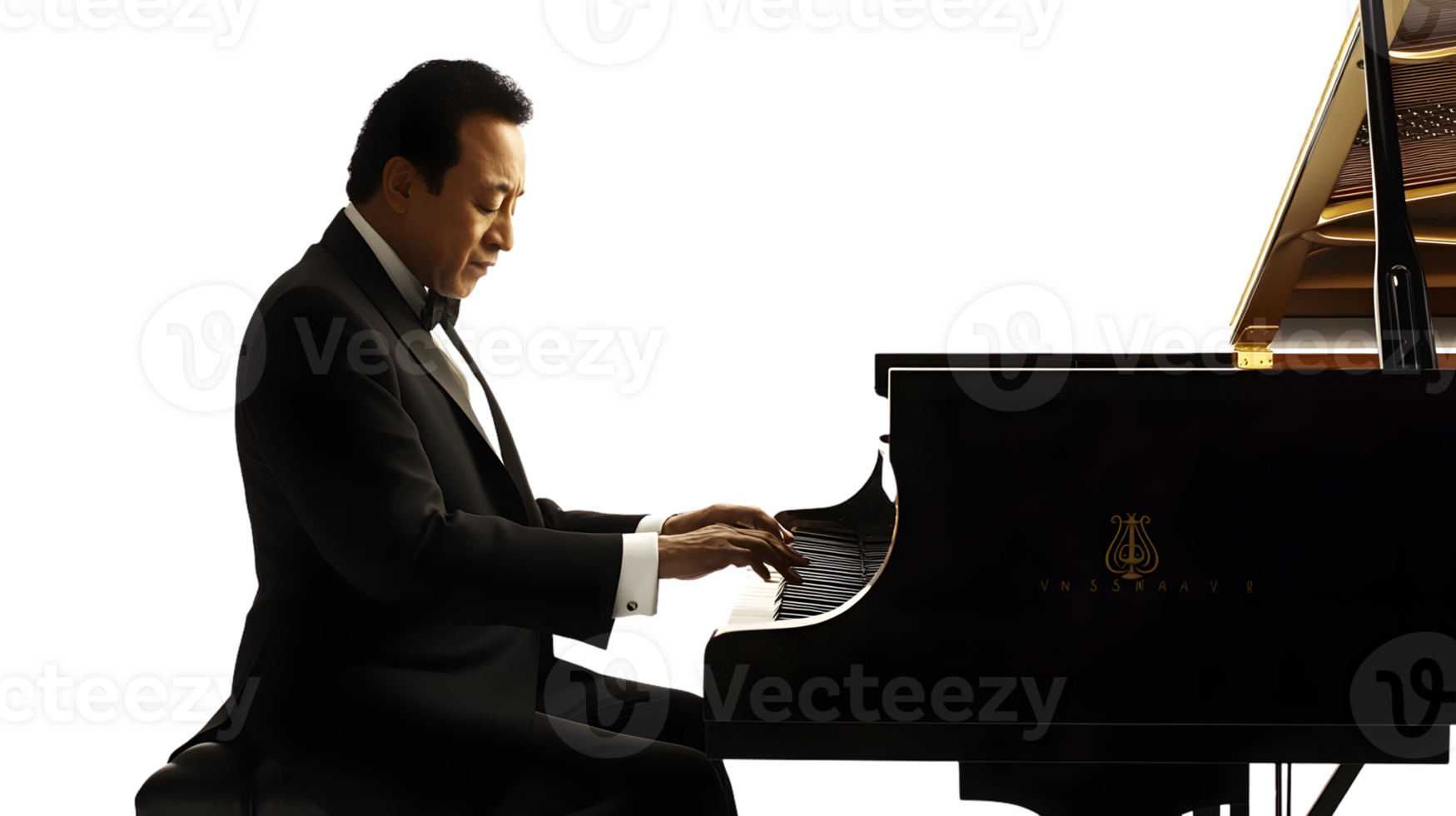 Elegant Pianist in Performance A Man Dressed in Formal Attire Playing a Grand Piano with Golde png