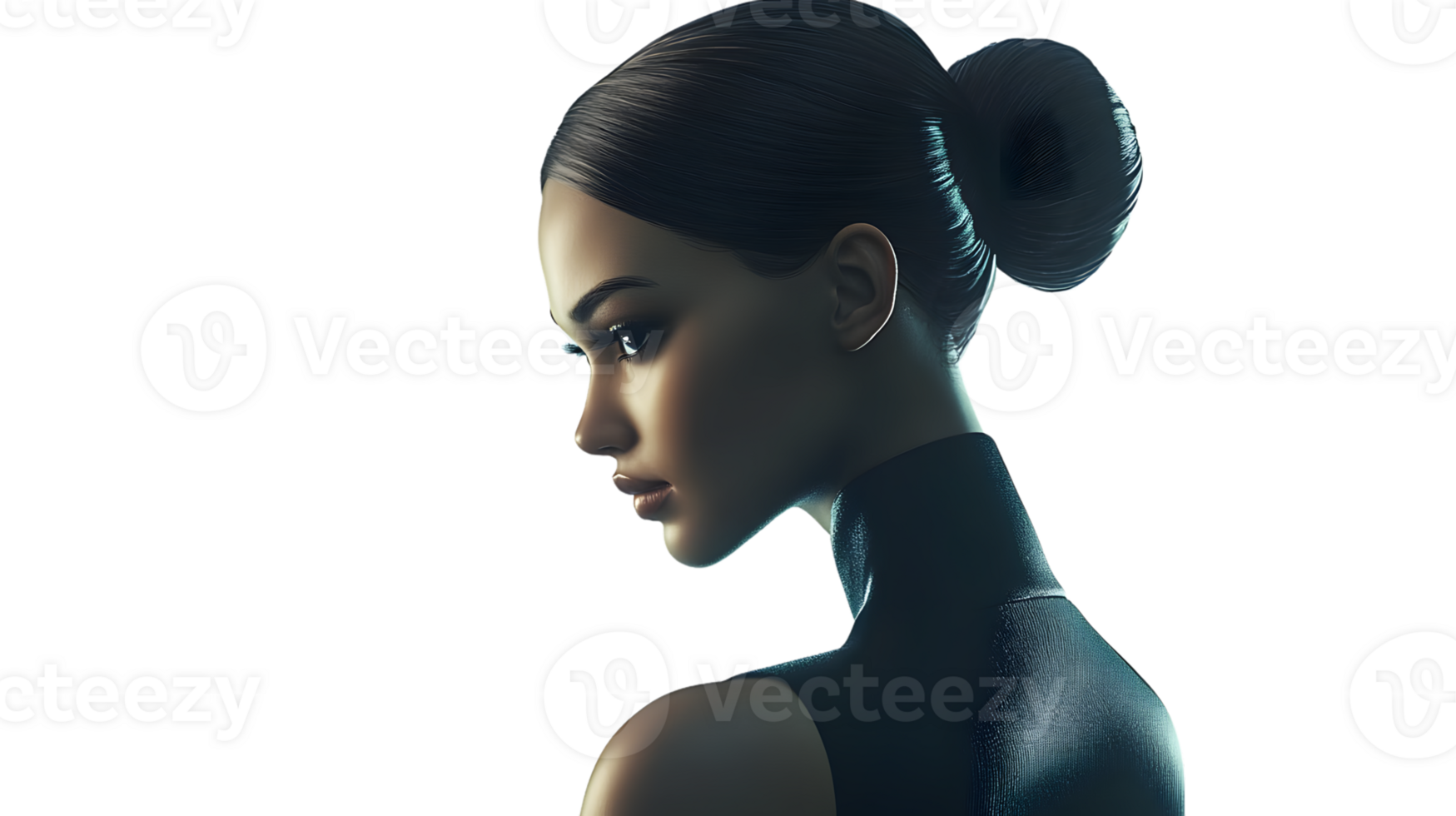 Elegant Profile Portrait of a Woman with Sleek Bun Hairstyle in Monochrome Style png