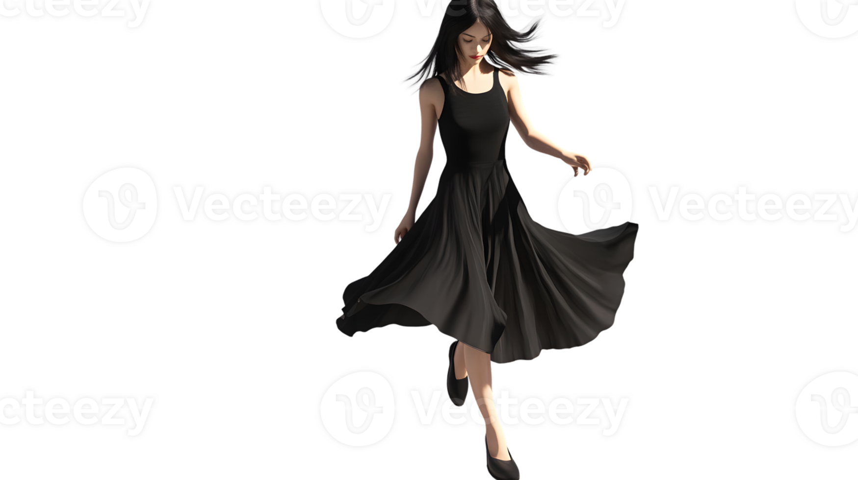 Elegant Woman in Motion Black Dress Flowing with Grace and Style png