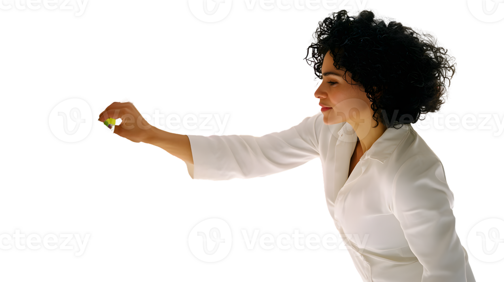 Elegant Woman in White Blouse Gesturing with a Small Object Perfect for Business Fashion and png