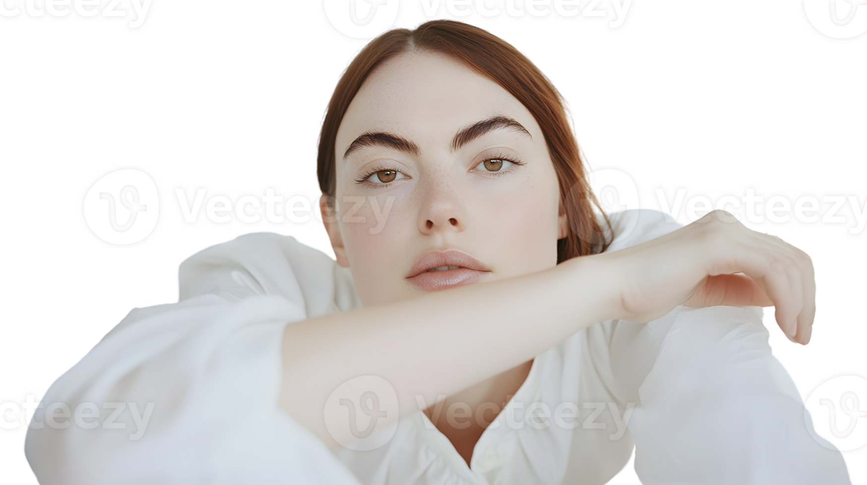 Elegant Woman in White Blouse with Soft Lighting and Neutral Expression for Fashion Beauty an png