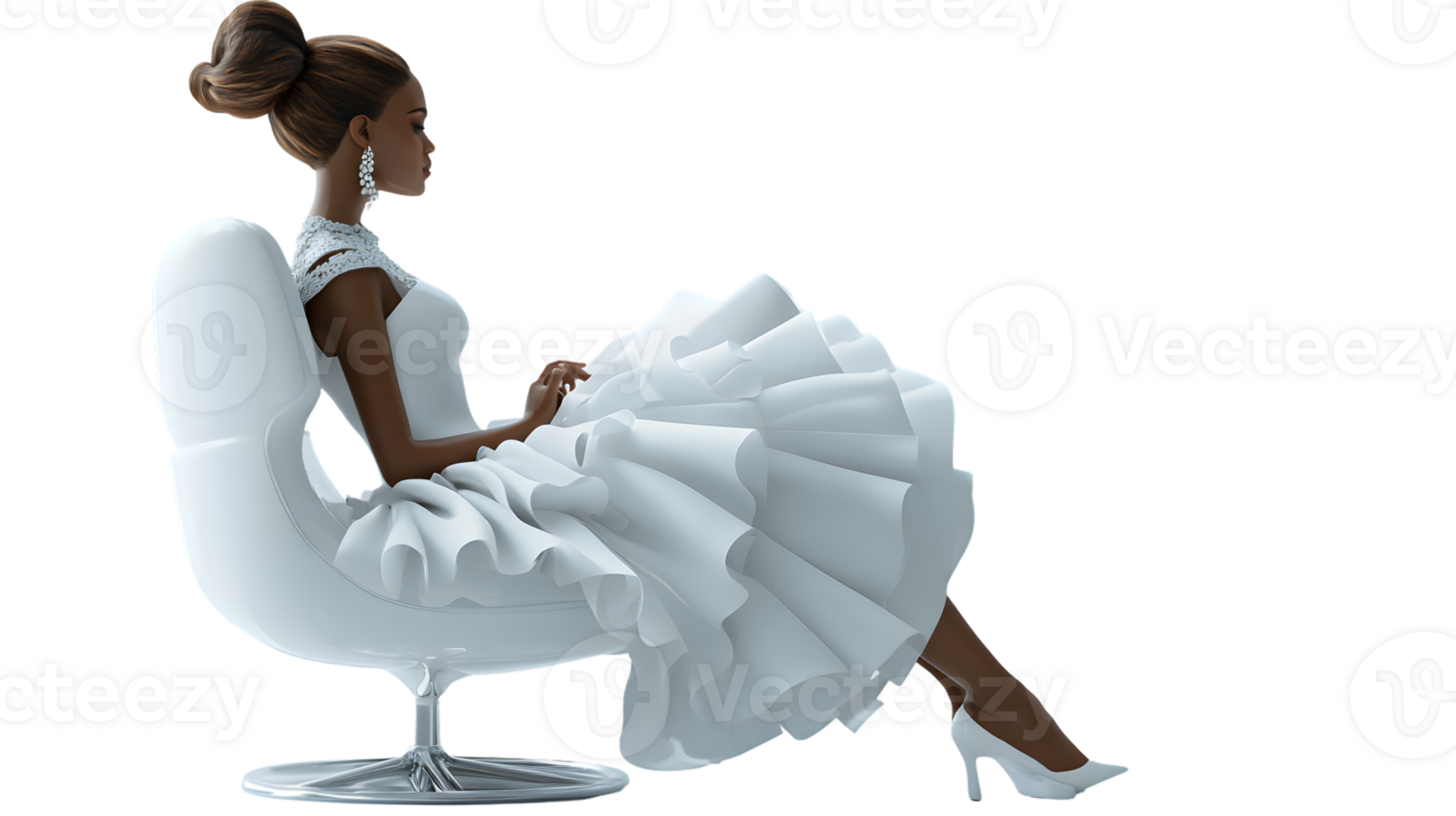Elegant Woman in White Dress Sitting on Modern Chair Fashion Photography Bridal Gown Glamour png