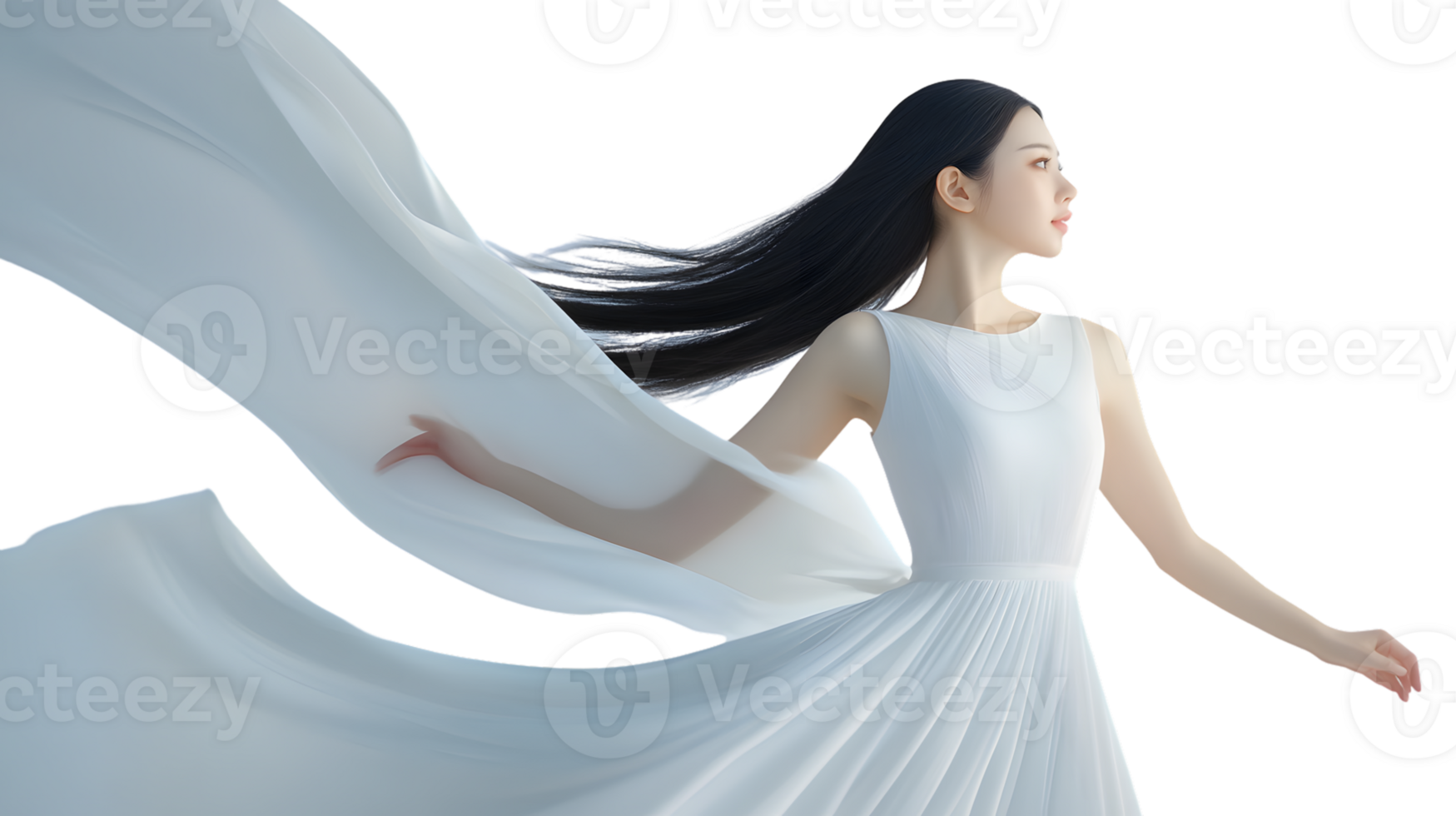 Elegant Woman in White Dress with Flowing Fabric Capturing Grace and Movement png