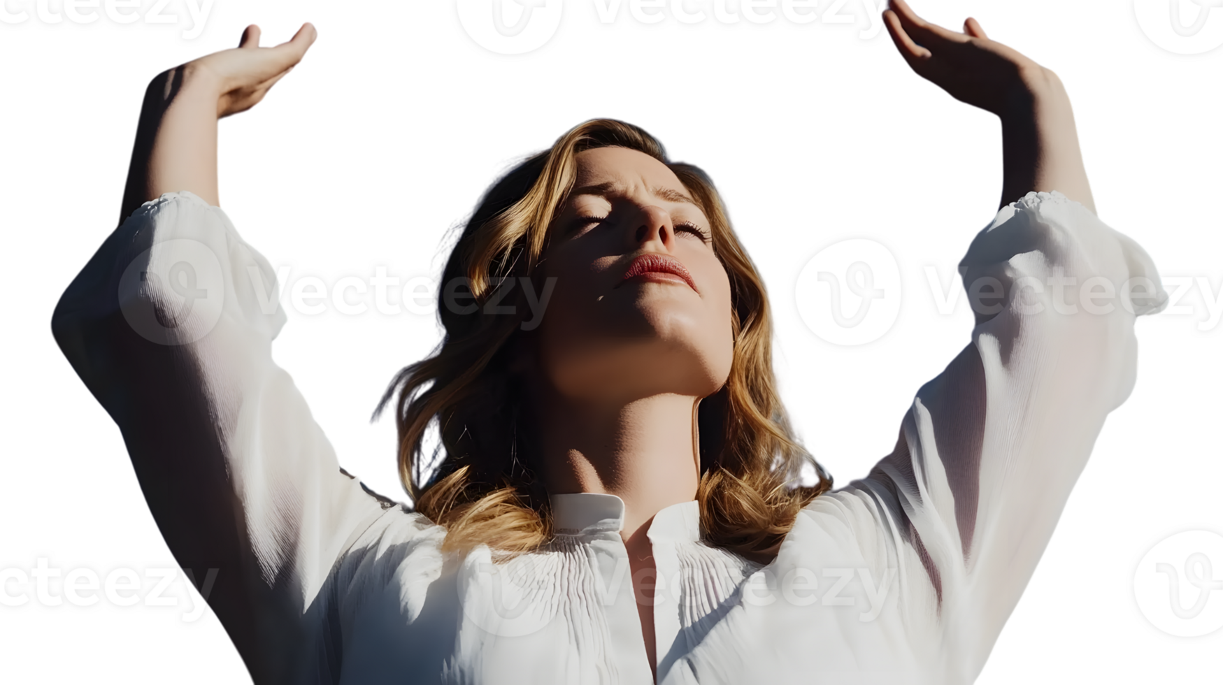 Elegant Woman in White with Arms Raised Embracing the Sunlight Serene and Graceful Pose for S png