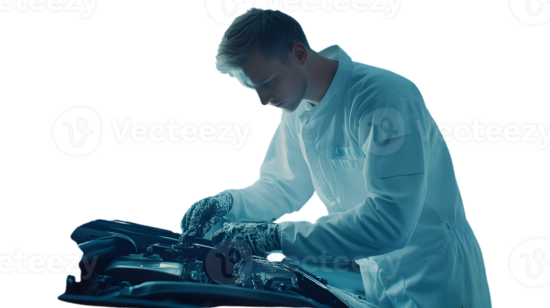 Engine Mechanic in Action A Professional Wearing Protective Gear Works on a Vehicles Engine png