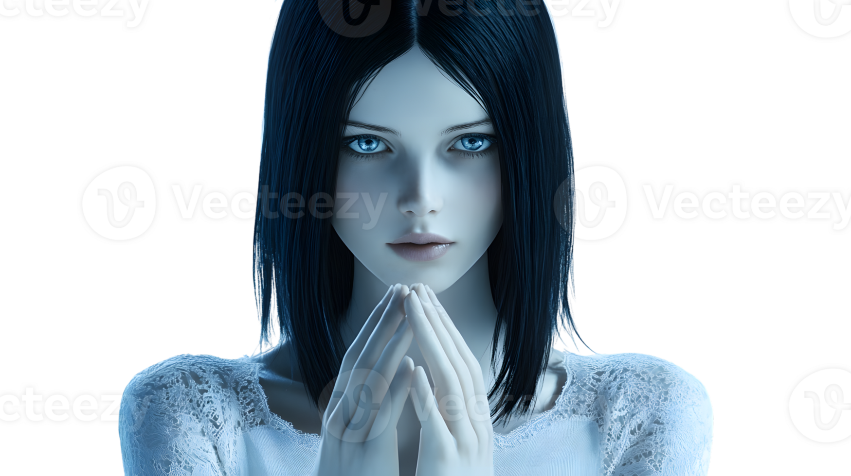 Ethereal Woman with Glowing Eyes and Hands in Prayer Pose Digital Art Fantasy Character Myst png