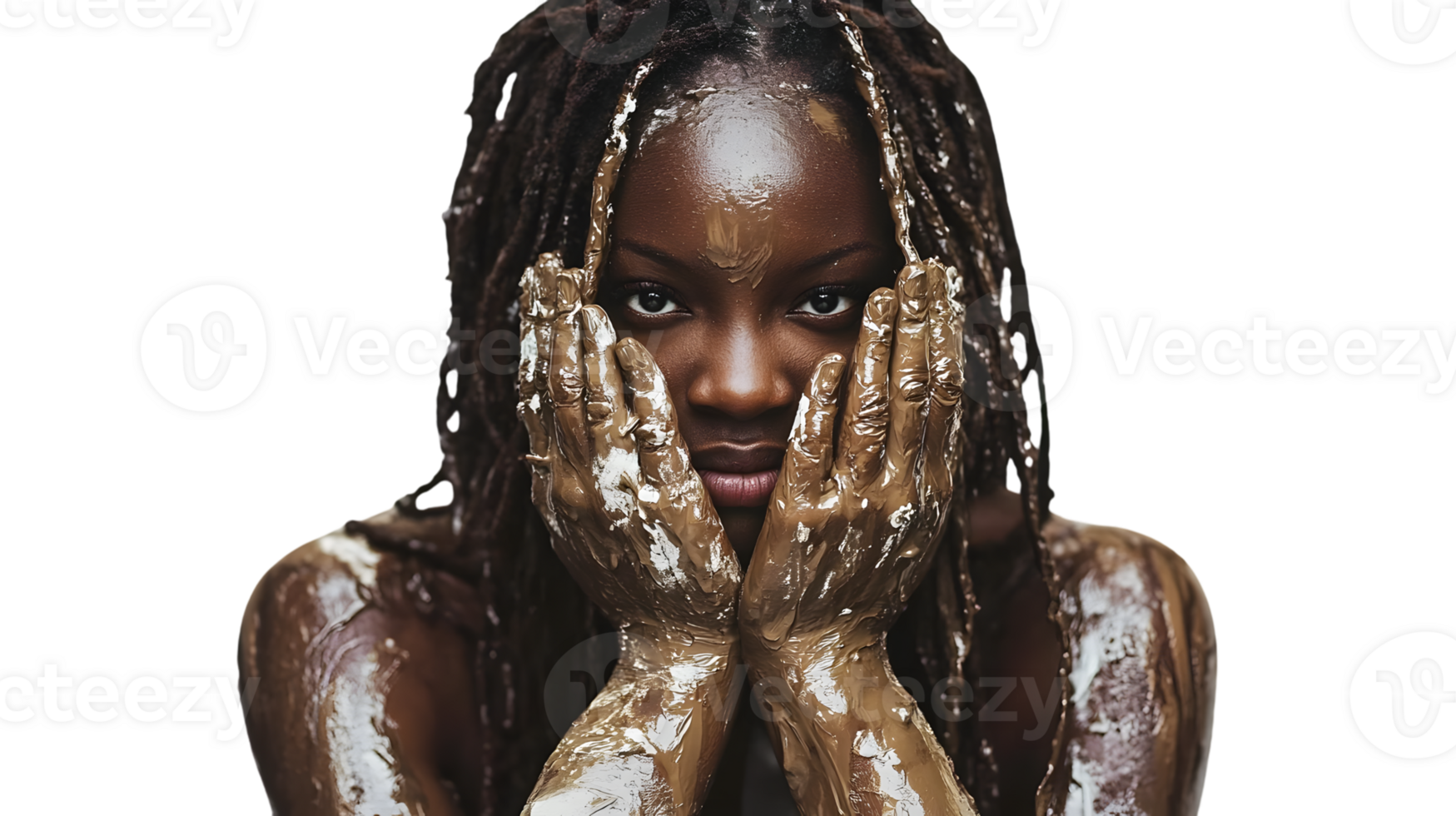 Expressive Portrait with Mud Artistry A Woman Embracing Natures Elements for Beauty and Heali png