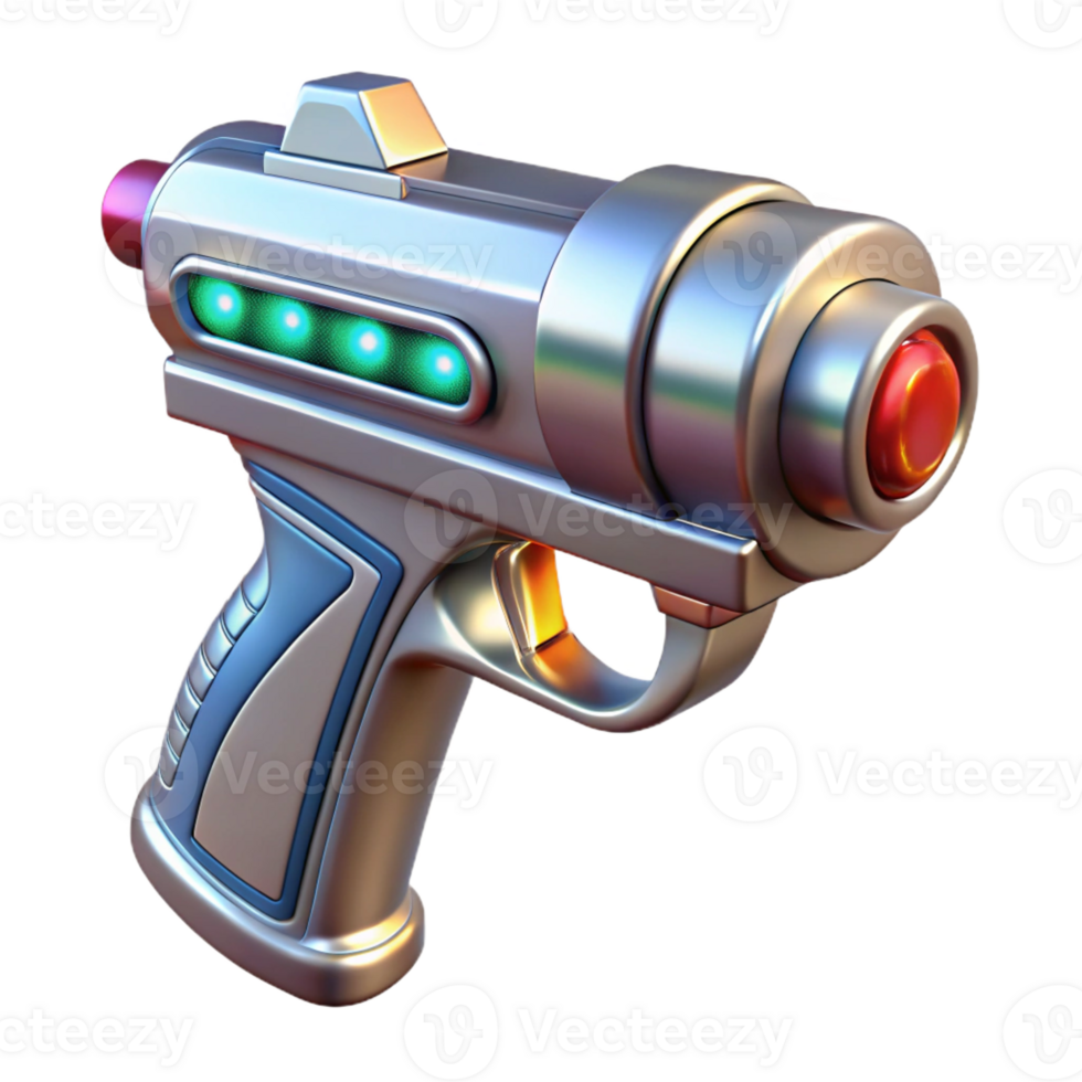 dramatic classic Laser pistol, chrome finish, energy cell visible detailed png