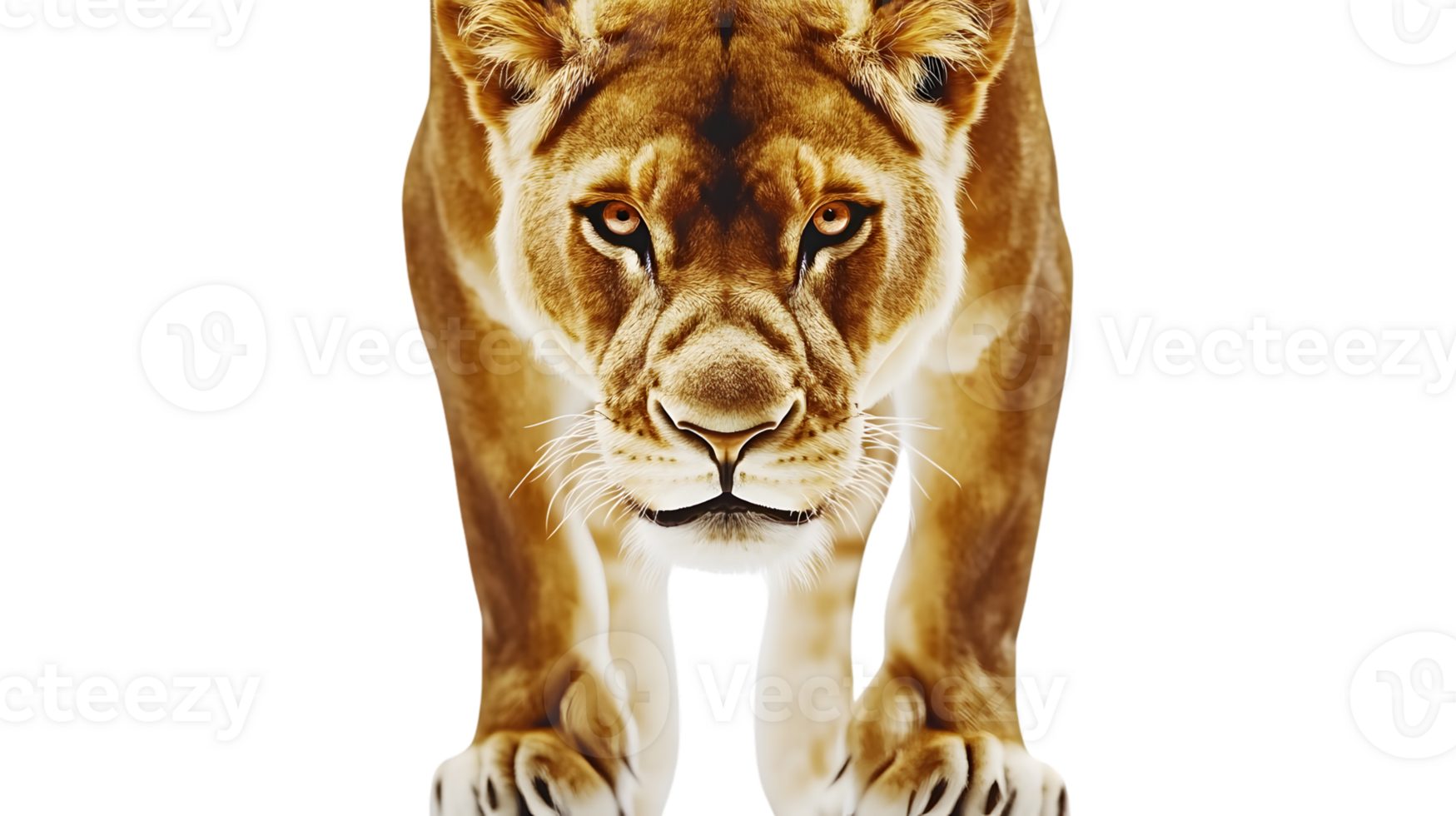 Fierce Predator in Focus A Detailed CloseUp of a Lionesss Intense Gaze and Powerful Stance f png