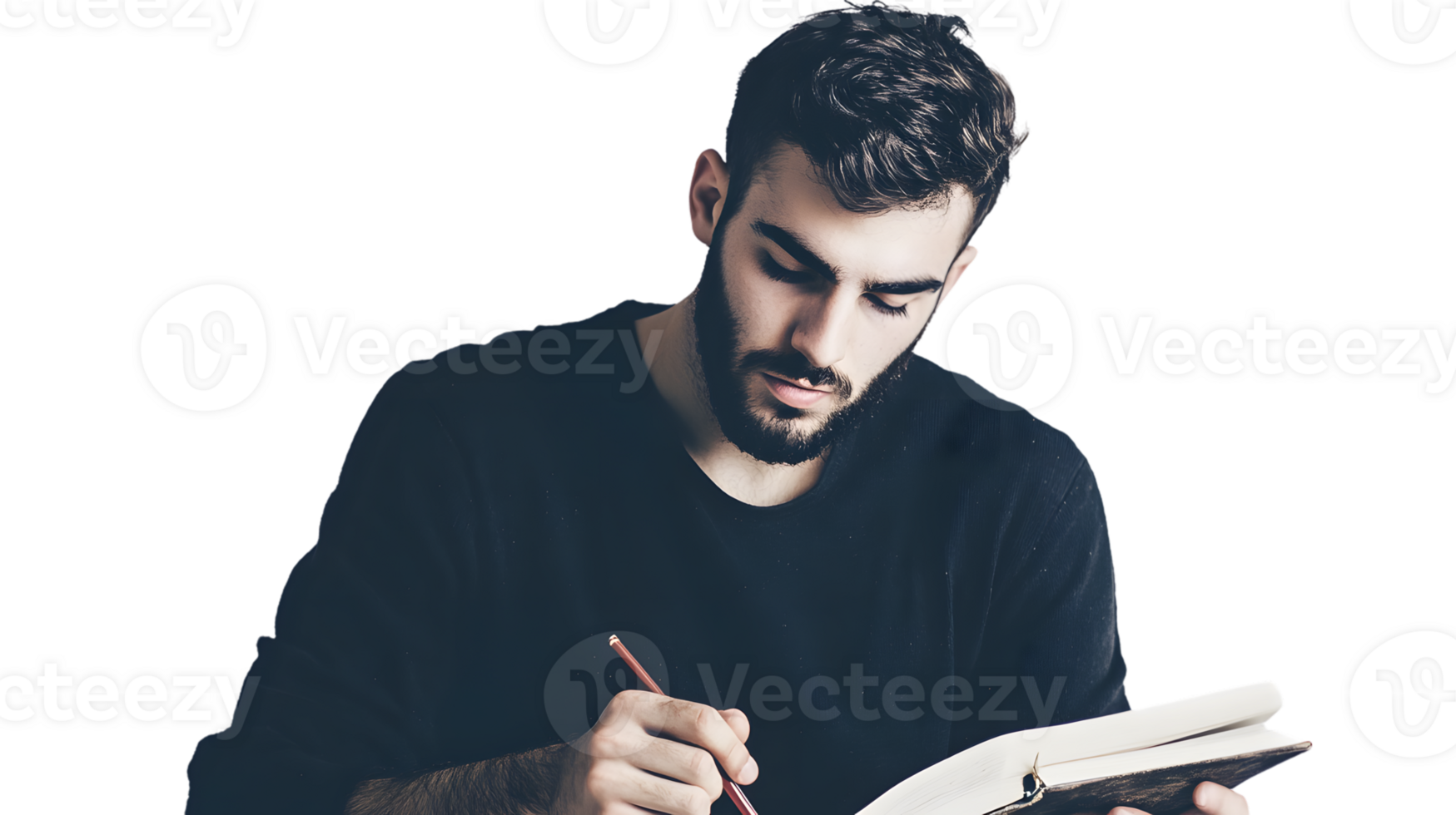 Focused Individual Writing in a Notebook with Concentration and Dedication png
