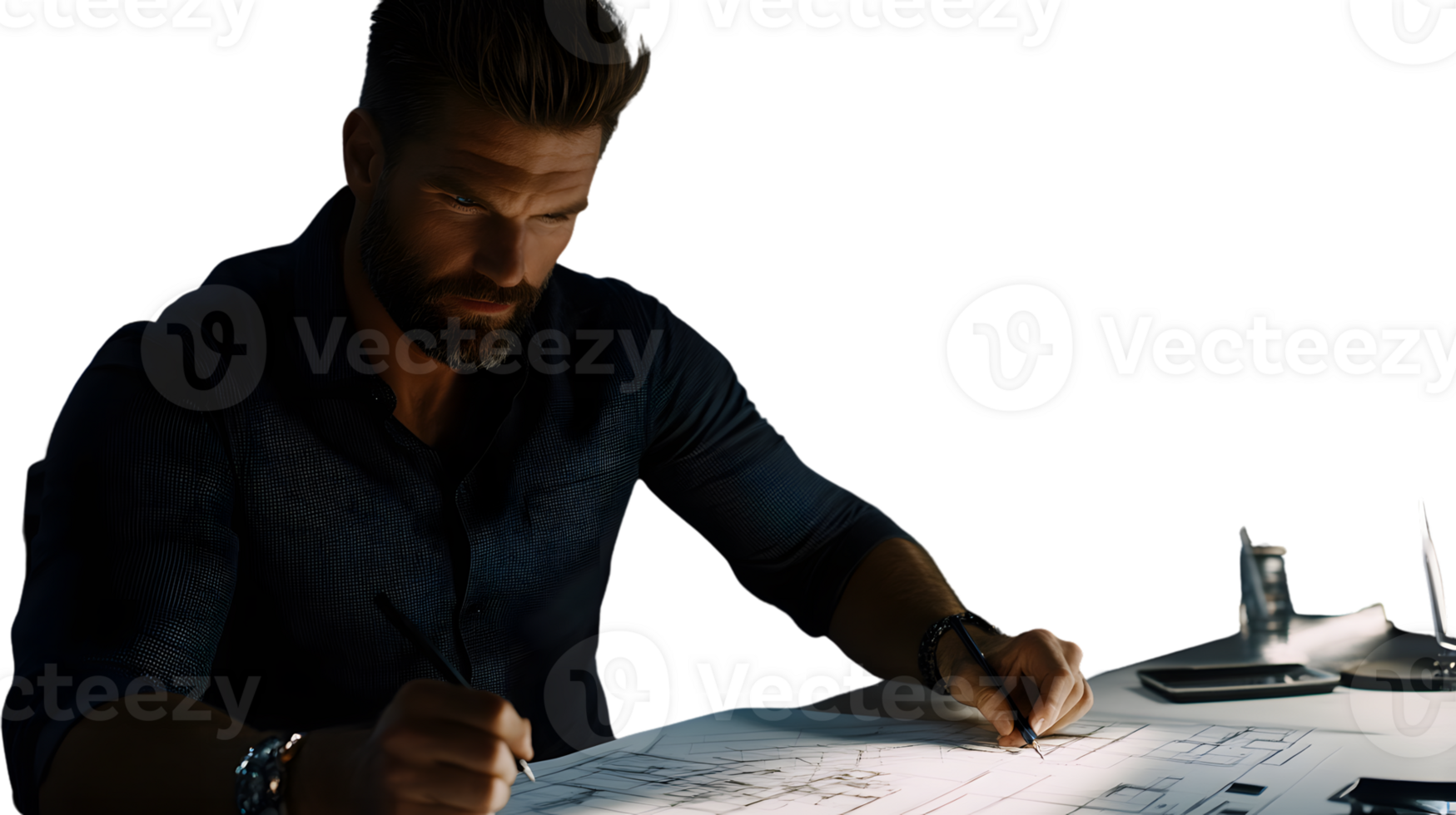 Focused Architect Working on Blueprints in a Dimly Lit Office Environment png
