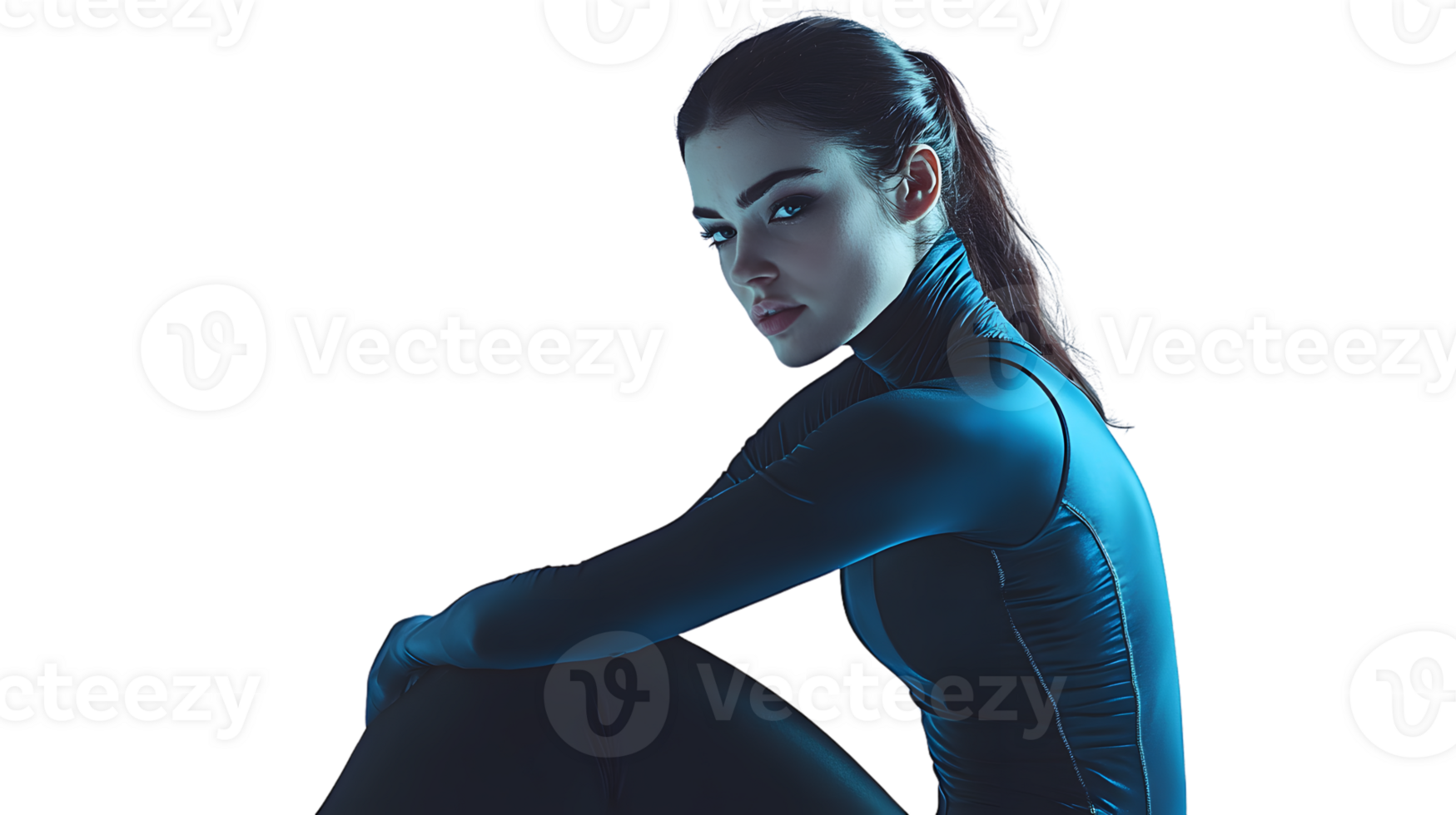 Futuristic Woman in Sleek Blue Suit Sitting with Confidence and Style for SciFi Technology png