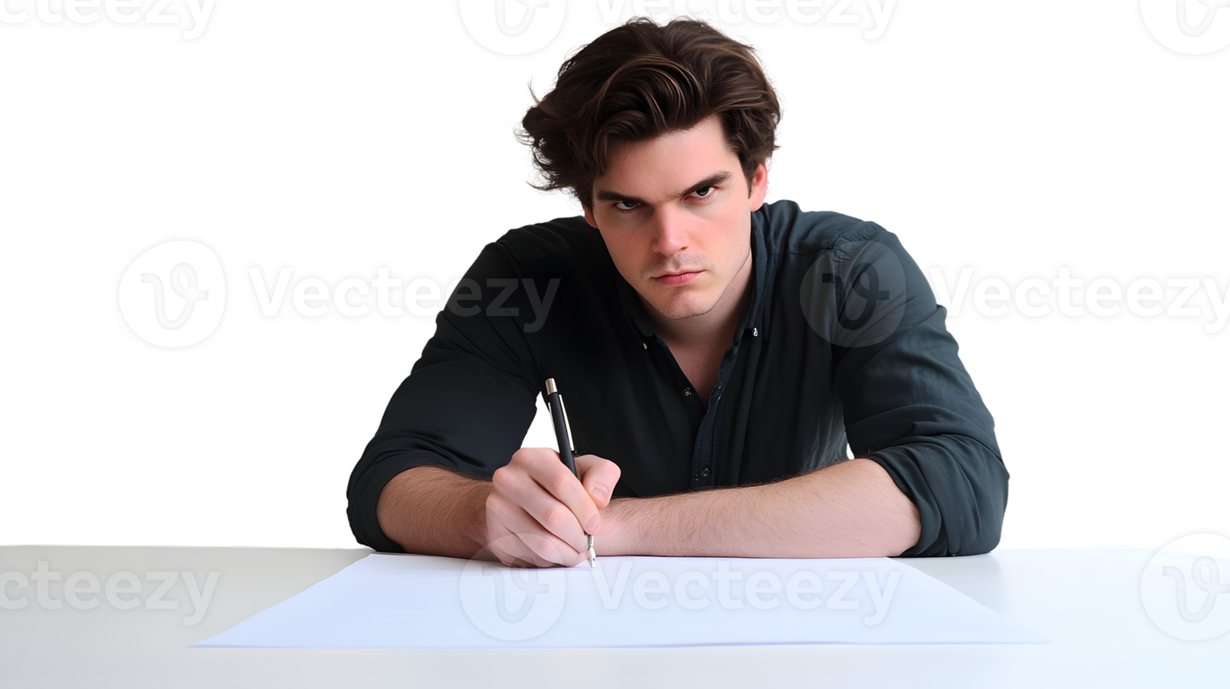 Focused Individual Writing on Paper with Intense Concentration Ideal for Business Education png