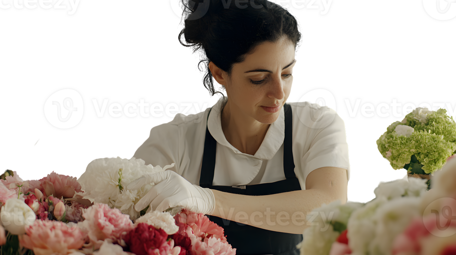 Florist Arranging Vibrant Flowers in a Bouquet Wearing White Gloves and Apron for Professional png