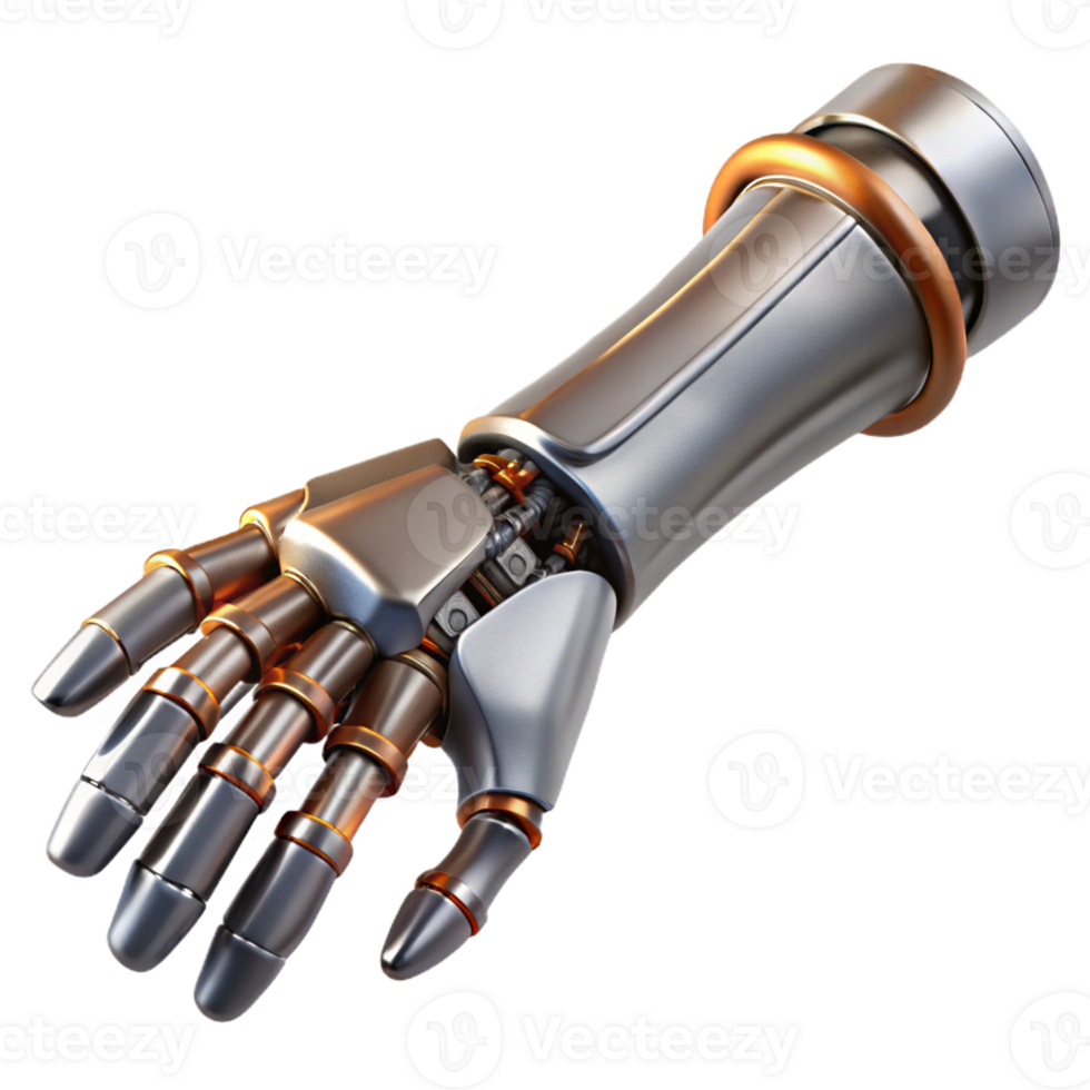 extraordinary creative Cybernetic arm, exposed wires, metallic plating high quality png