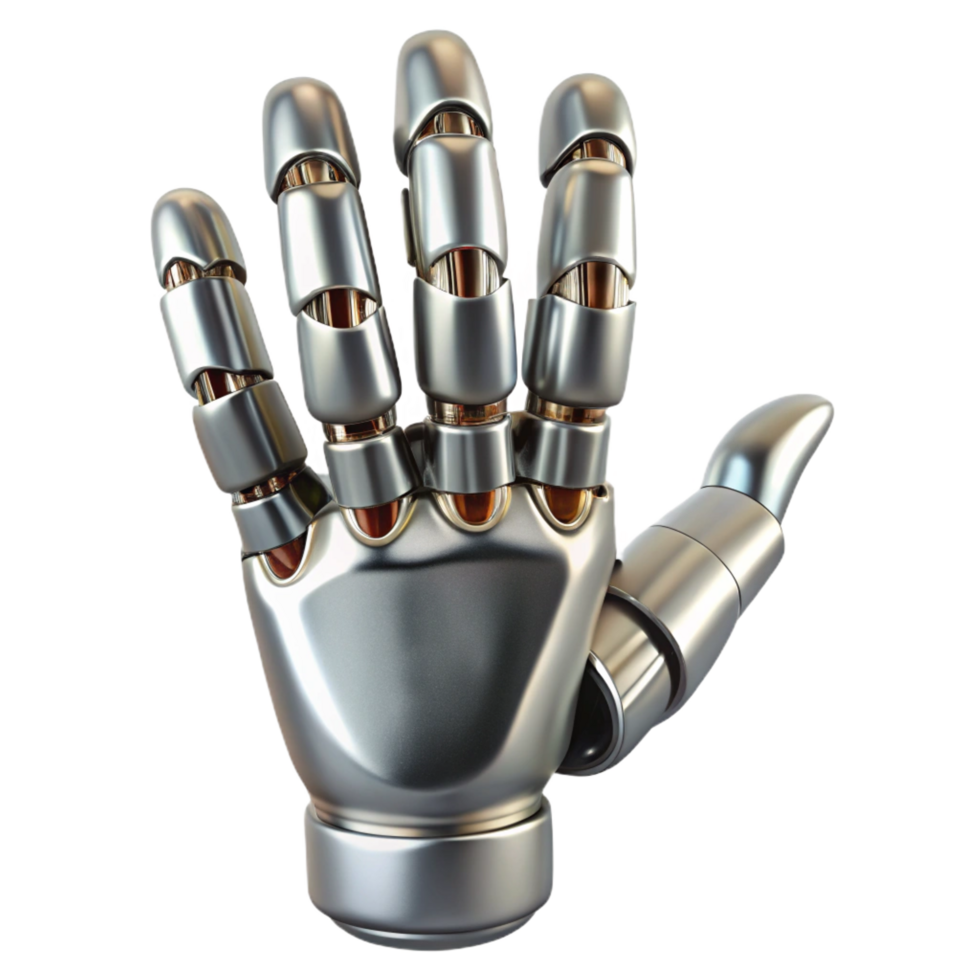 dramatic abstract Robot hand, articulated fingers, metallic finish high resolution png