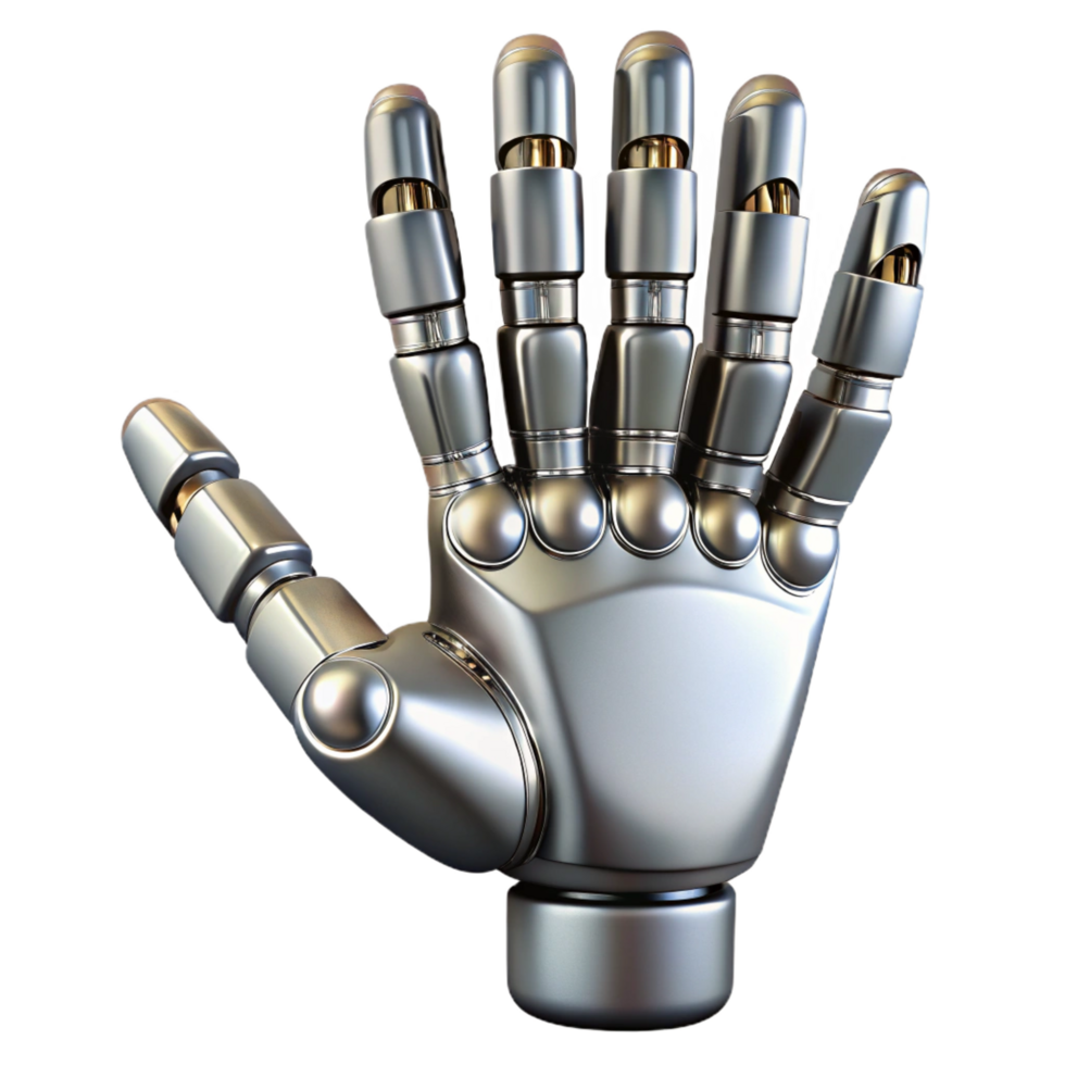 impressive modern Robot hand, articulated fingers, metallic finish high resolution png