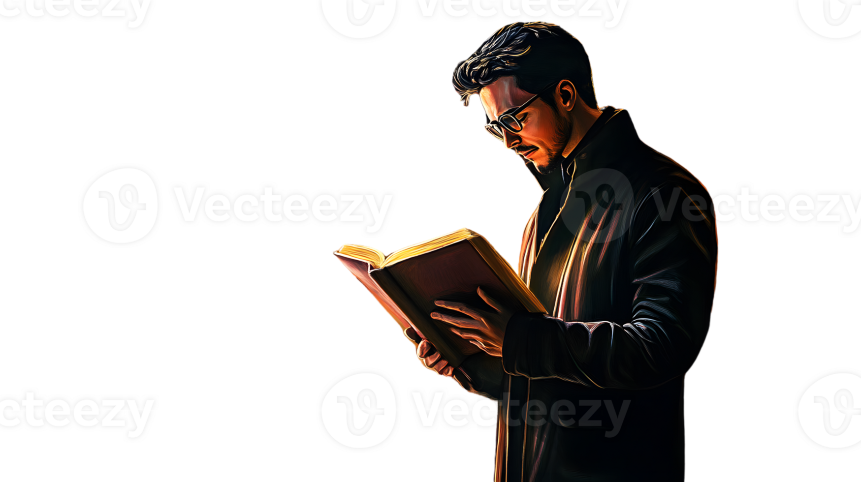 Illuminated Reader A Man Engrossed in a Book with Warm Light Highlighting His Features and Pag png