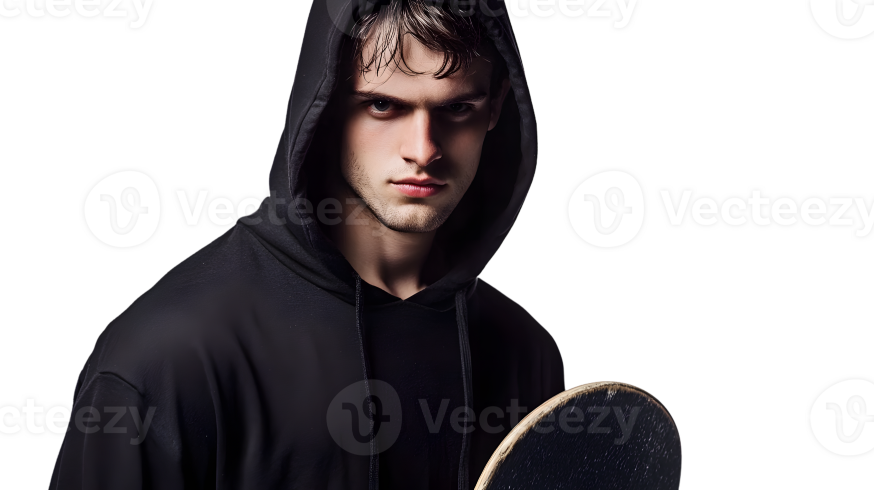 Intense Gaze of a Hooded Figure Holding a Skateboard Against a Dark Background png