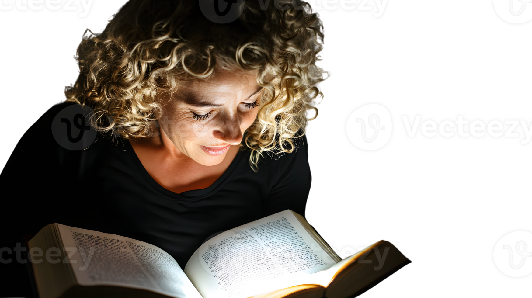 Illuminated Knowledge A Woman Engrossed in Reading a Book with Glowing Pages png