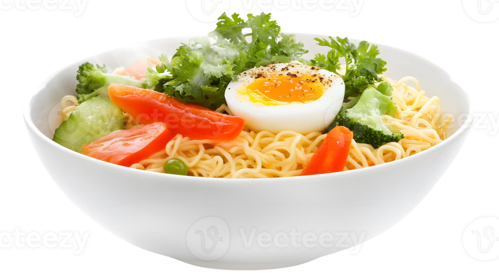 A bowl of delicious noodles with vegetables and a softboiled egg perfect for food photography png