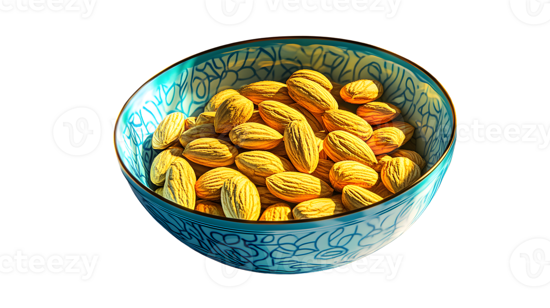 A bowl filled with golden nuts presented in a decorative ceramic dish with intricate patterns png