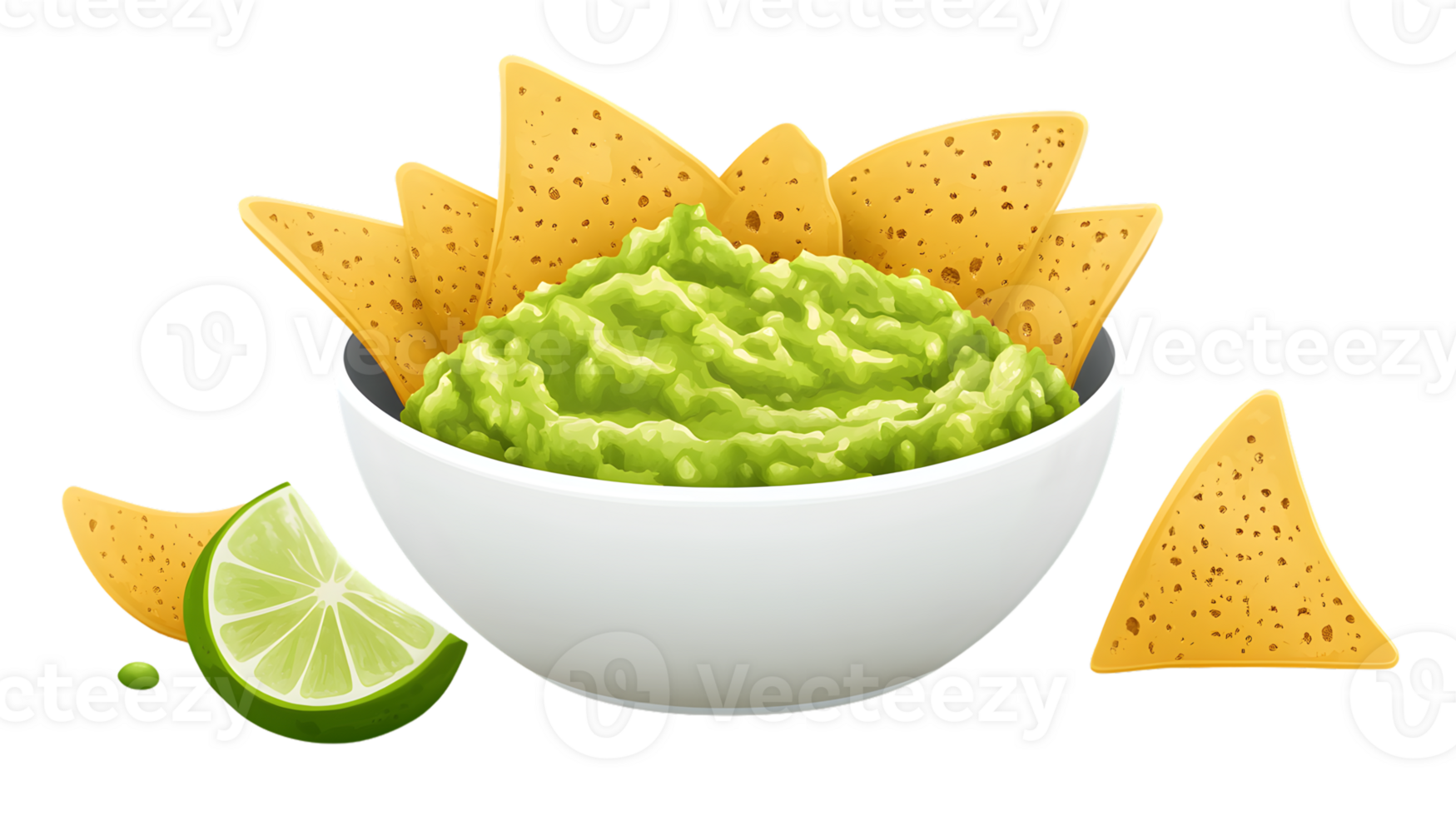 A bowl of fresh guacamole with tortilla chips and lime perfect for appetizers or party snacks png