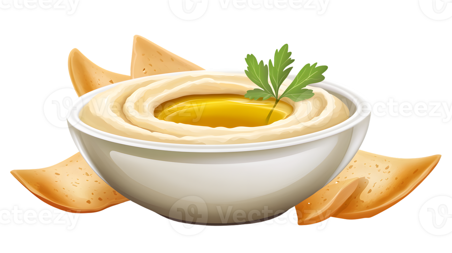 A creamy dip served in a bowl with chips garnished with fresh herbs and olive oil for appetize png
