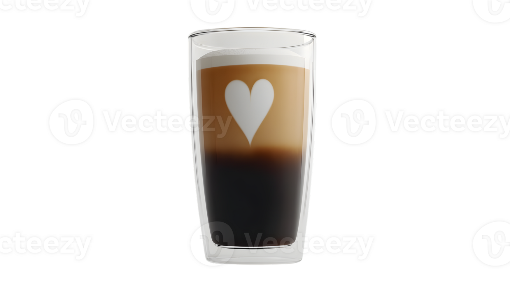 A glass of layered coffee with a heartshaped foam design perfect for caf menus and beverage png