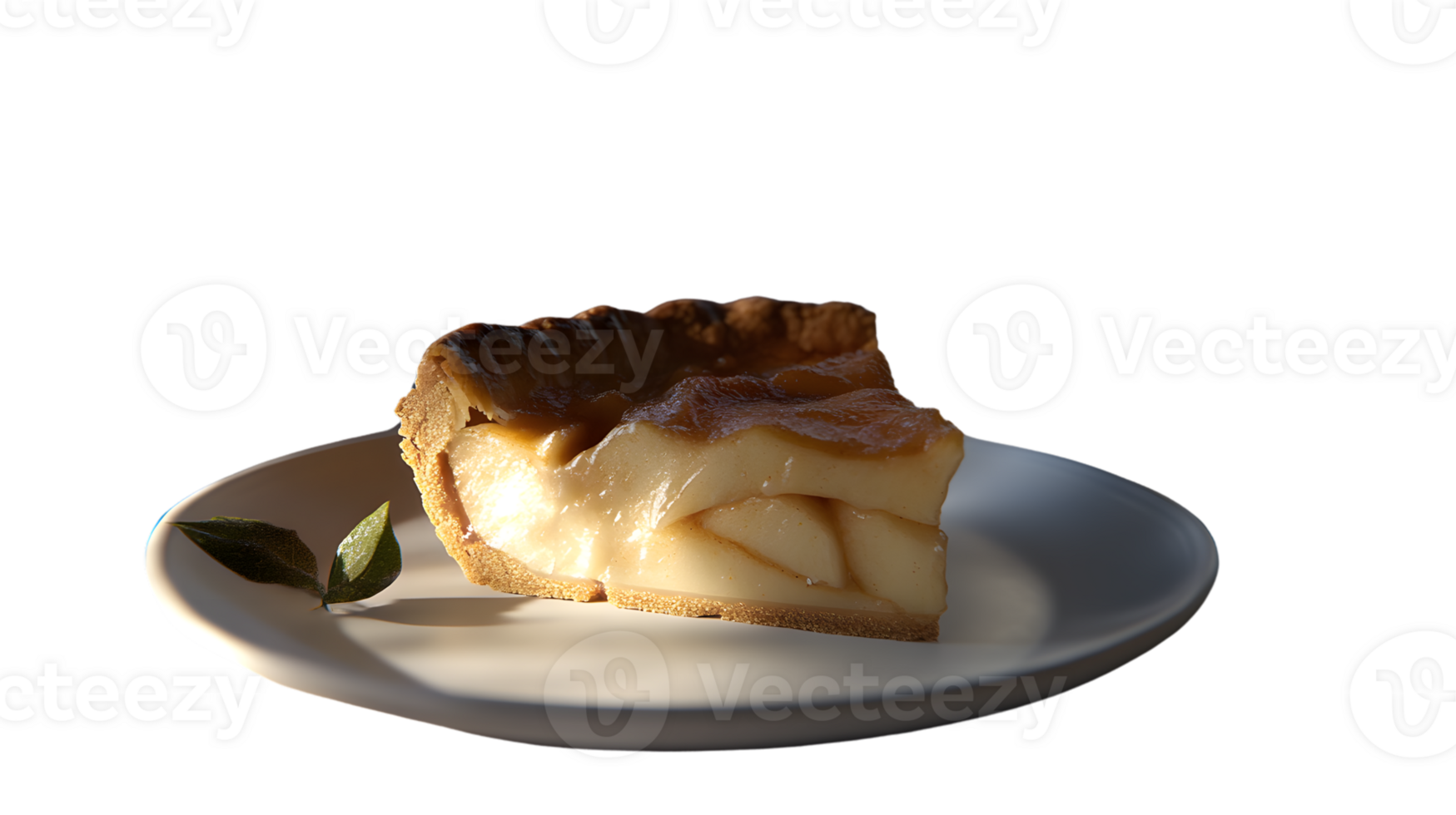 A slice of apple pie on a white plate with a leaf garnish perfect for food photography and cul png