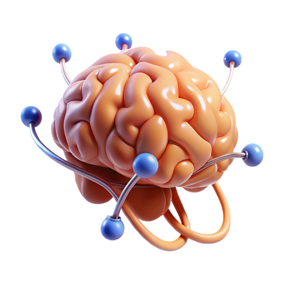 stunning modern A floating brain with electrical sparks connecting its lobes, detailed png