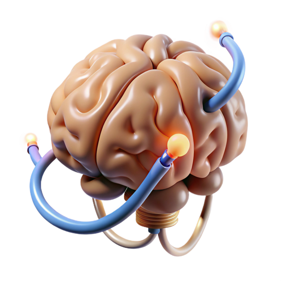 impressive minimalist A floating brain with electrical sparks connecting its lobes, high quality png