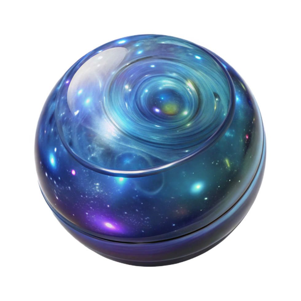 extraordinary modern A glass orb filled with swirling galaxies, 4K png